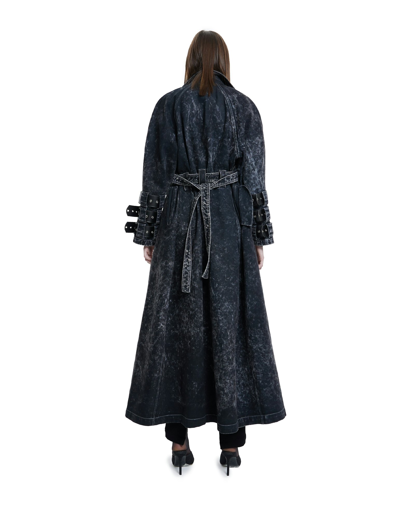 Voidwalker Trench Coat in Black Acid Wash made by Khela