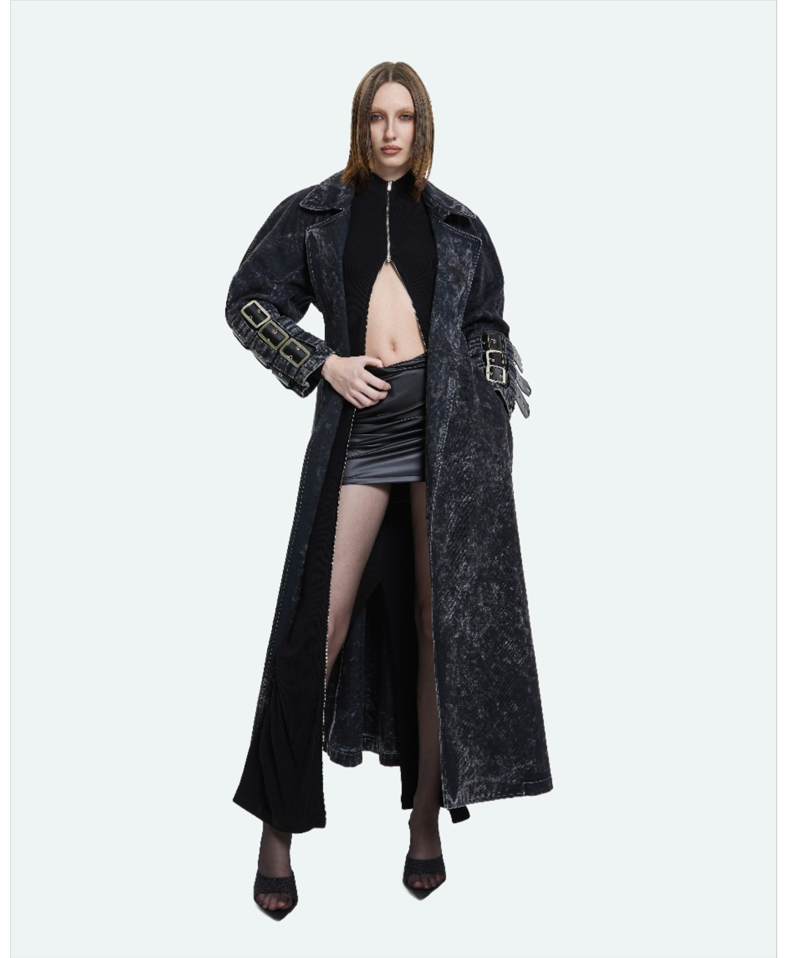 Voidwalker Trench Coat in Black Acid Wash made by Khela