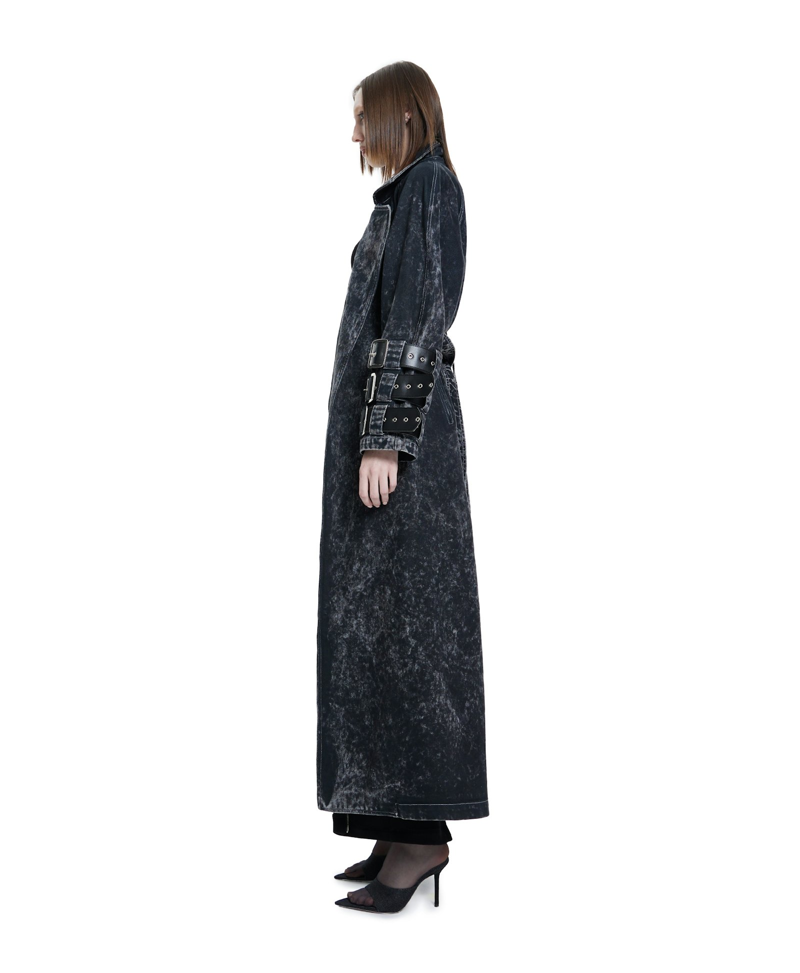 Voidwalker Trench Coat in Black Acid Wash made by Khela