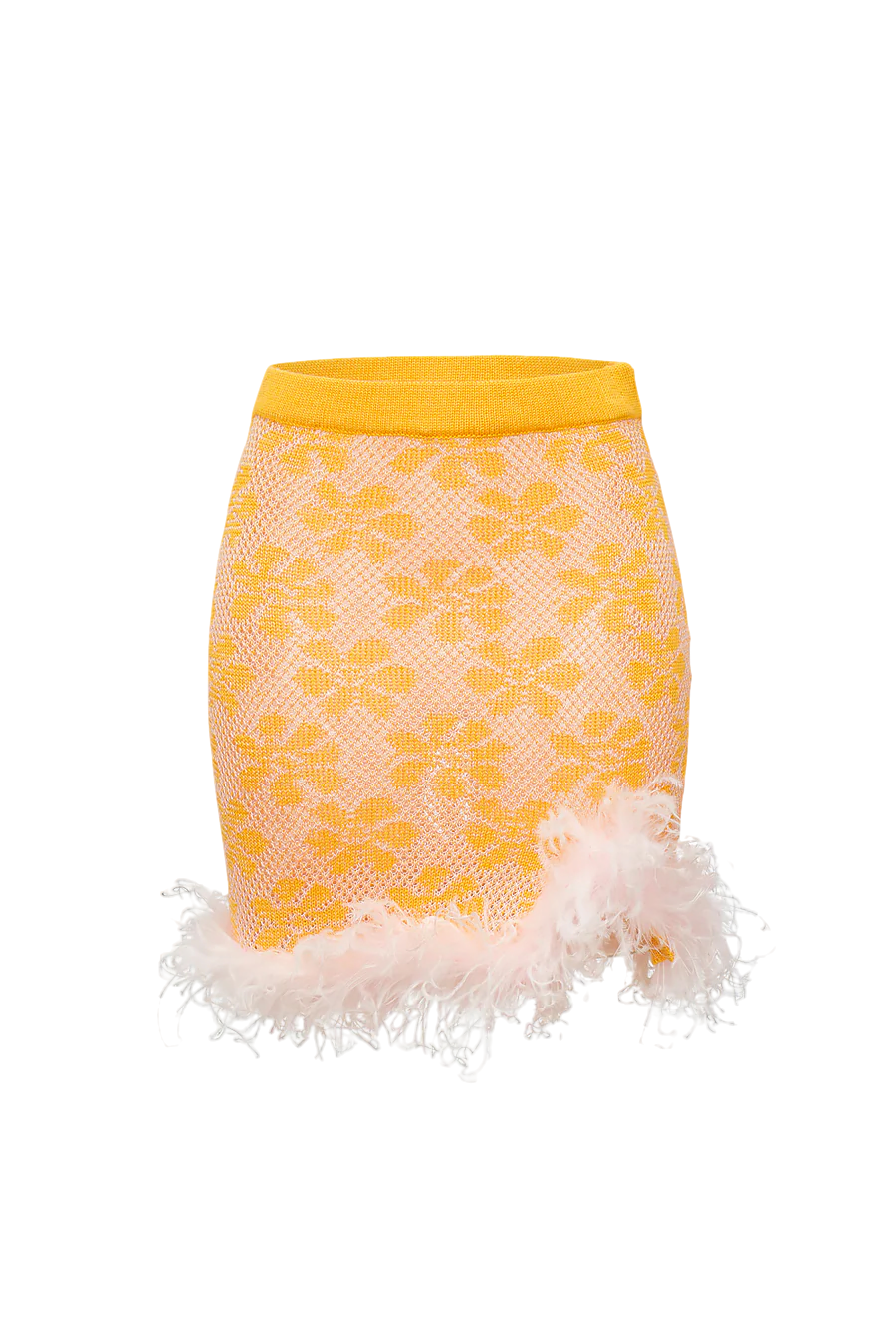 Shop Andreeva Mini Yellow Knit Skirt With Feather Details