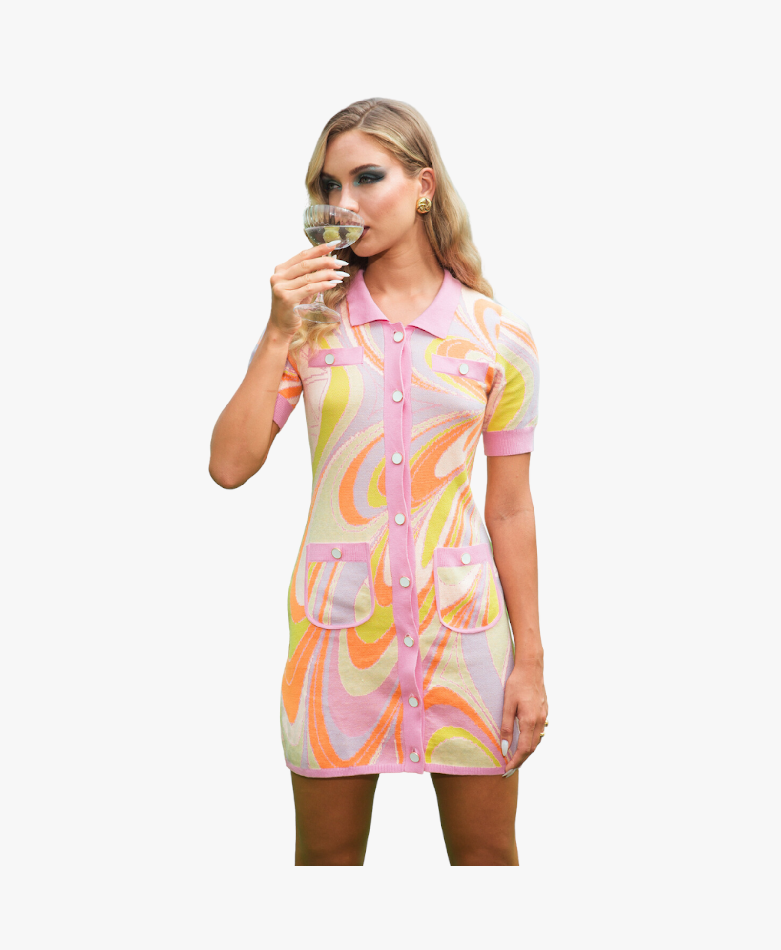 Aimee Button Up Multi-Coloured Mini Dress in Pink made by Oceanus Swimwear