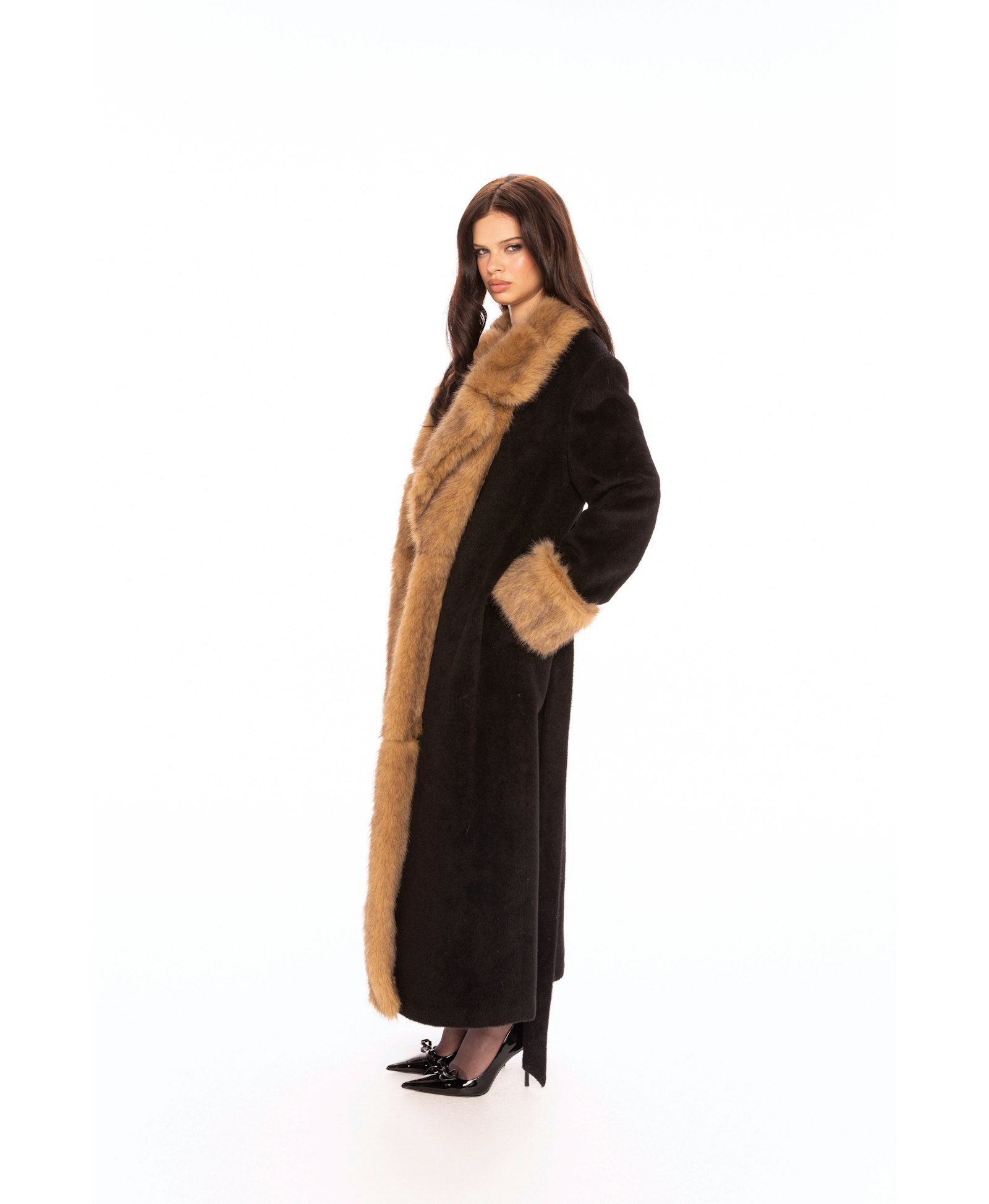 Adriana Faux Fur Coat (Black & Brown) made by Nana Jacqueline