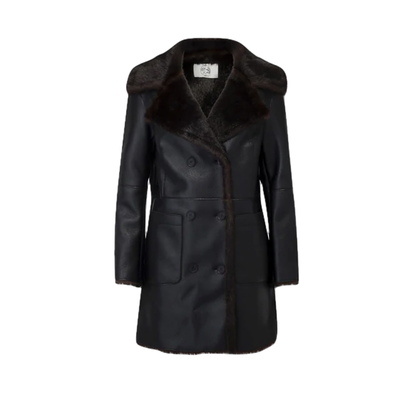 Marei 1998 Oliver Bonded  Faux Leather & Faux Fur Double Breasted Black Coat