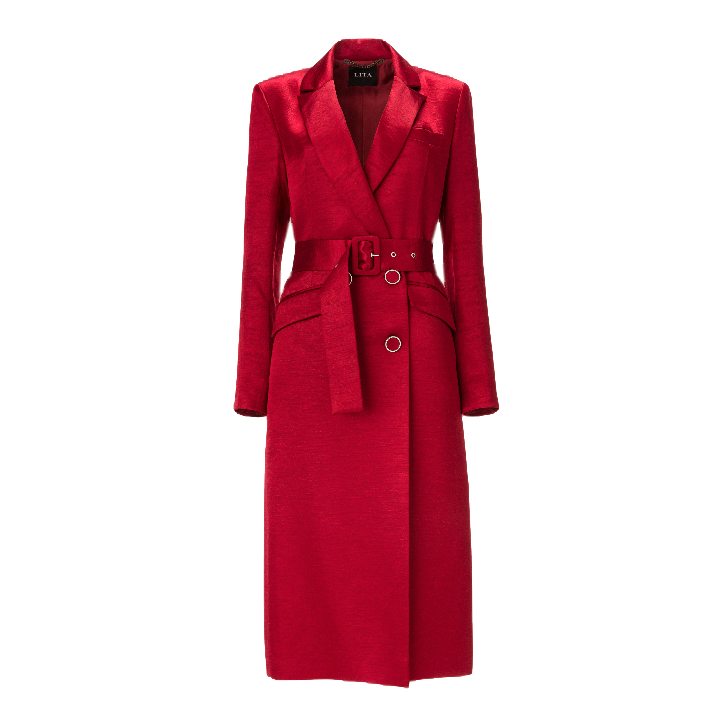 Lita Couture Belted Midi Trench Coat In Red Satin Blend