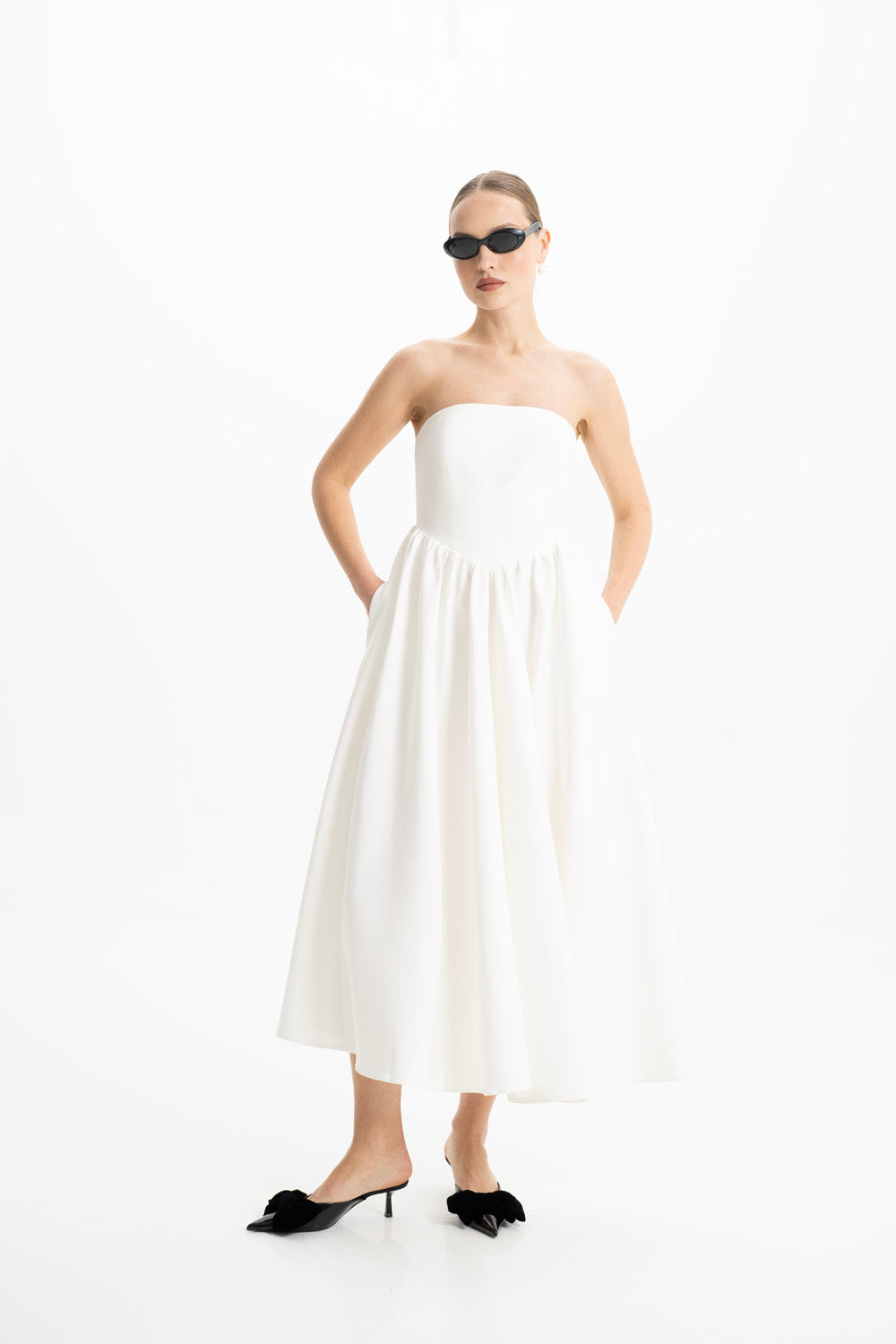 Shop Lora Istanbul Eva White Strapless Corset Midi Dress