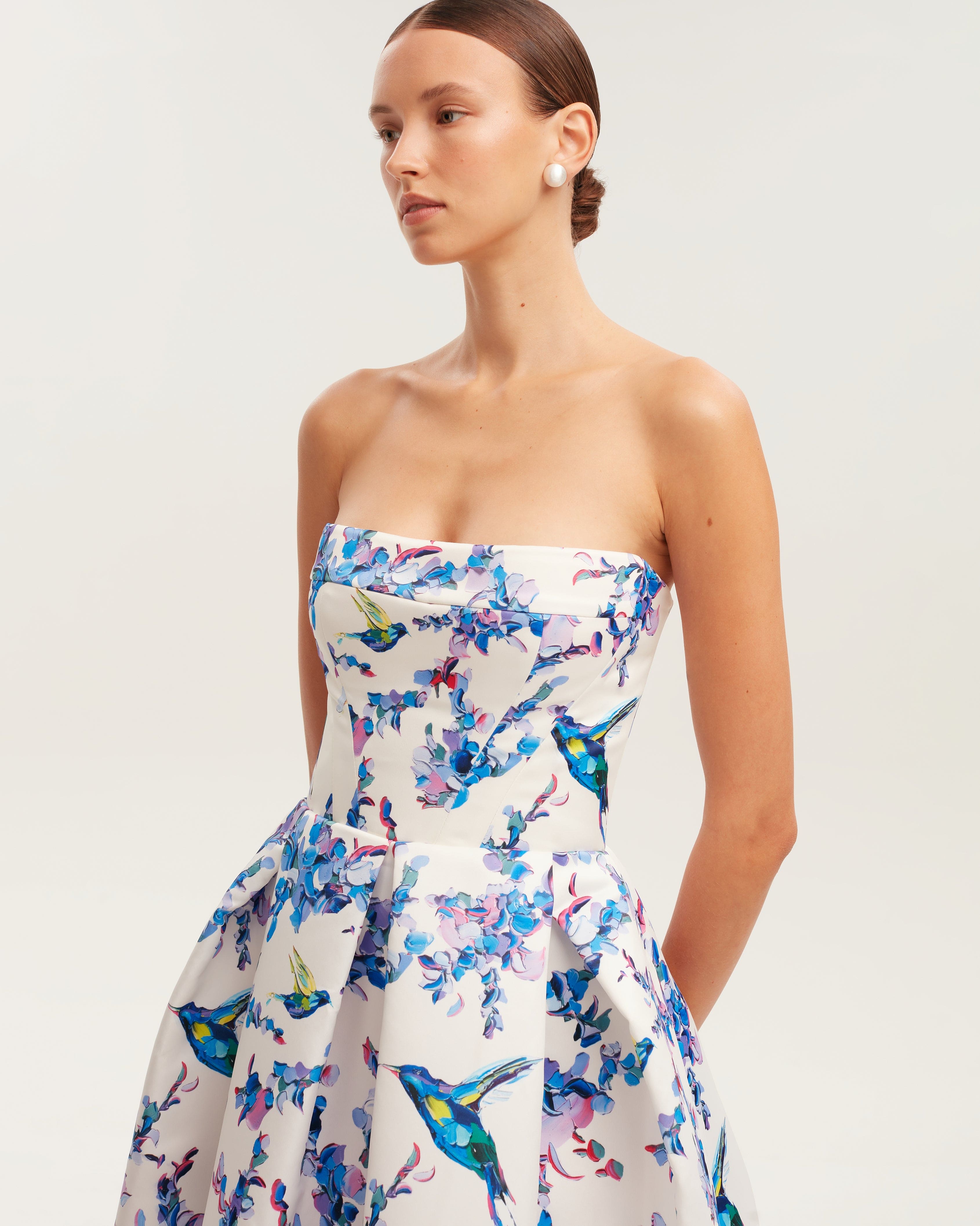 Shop Milla Strapless Midi Dress With Bird And Flower Print, Garden Of Eden In Multi Color