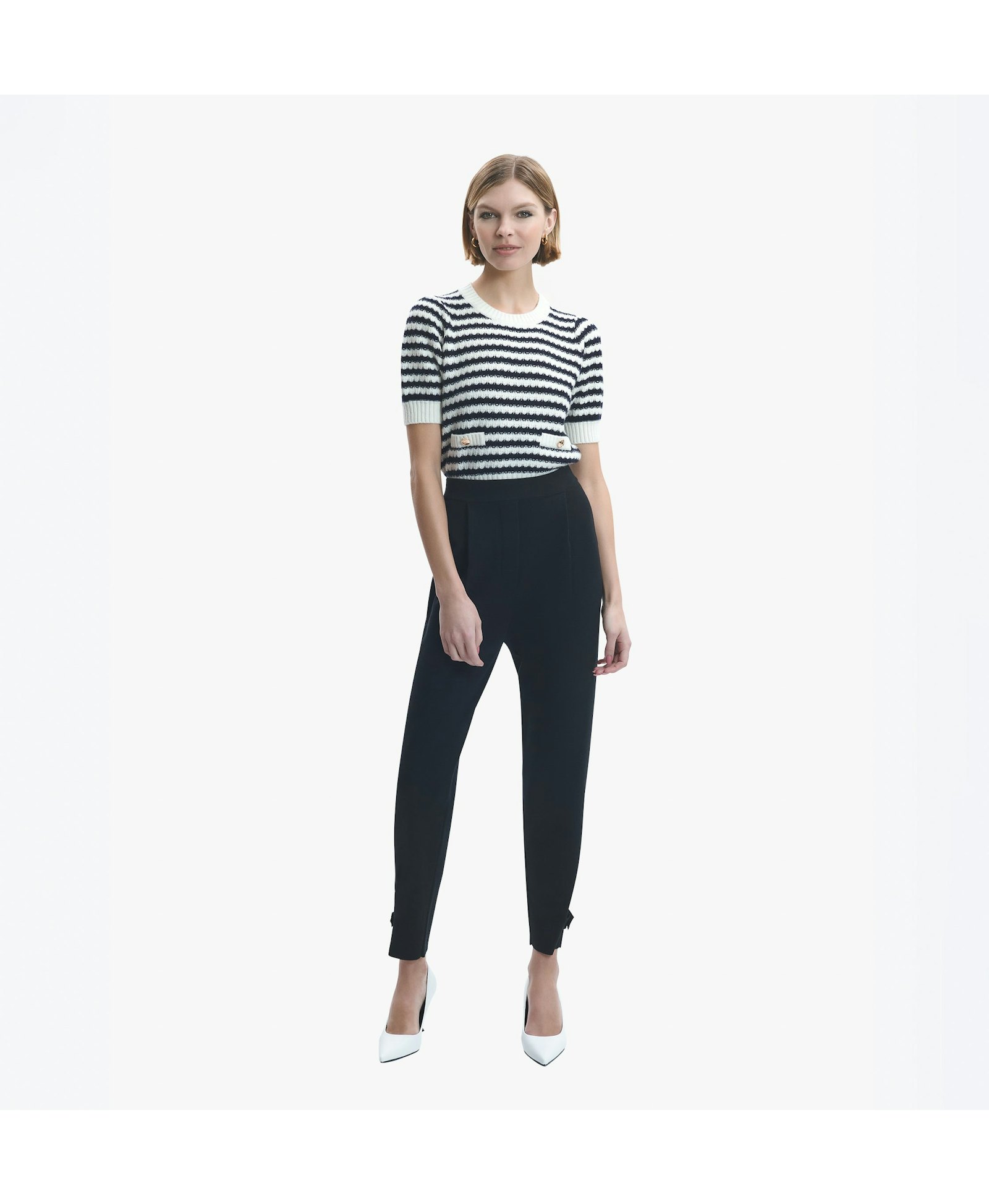 CASHMERE JACQUARD STRIPED PUFF SHORT-SLEEVED BLOUSE in Black made by CRUSH Collection