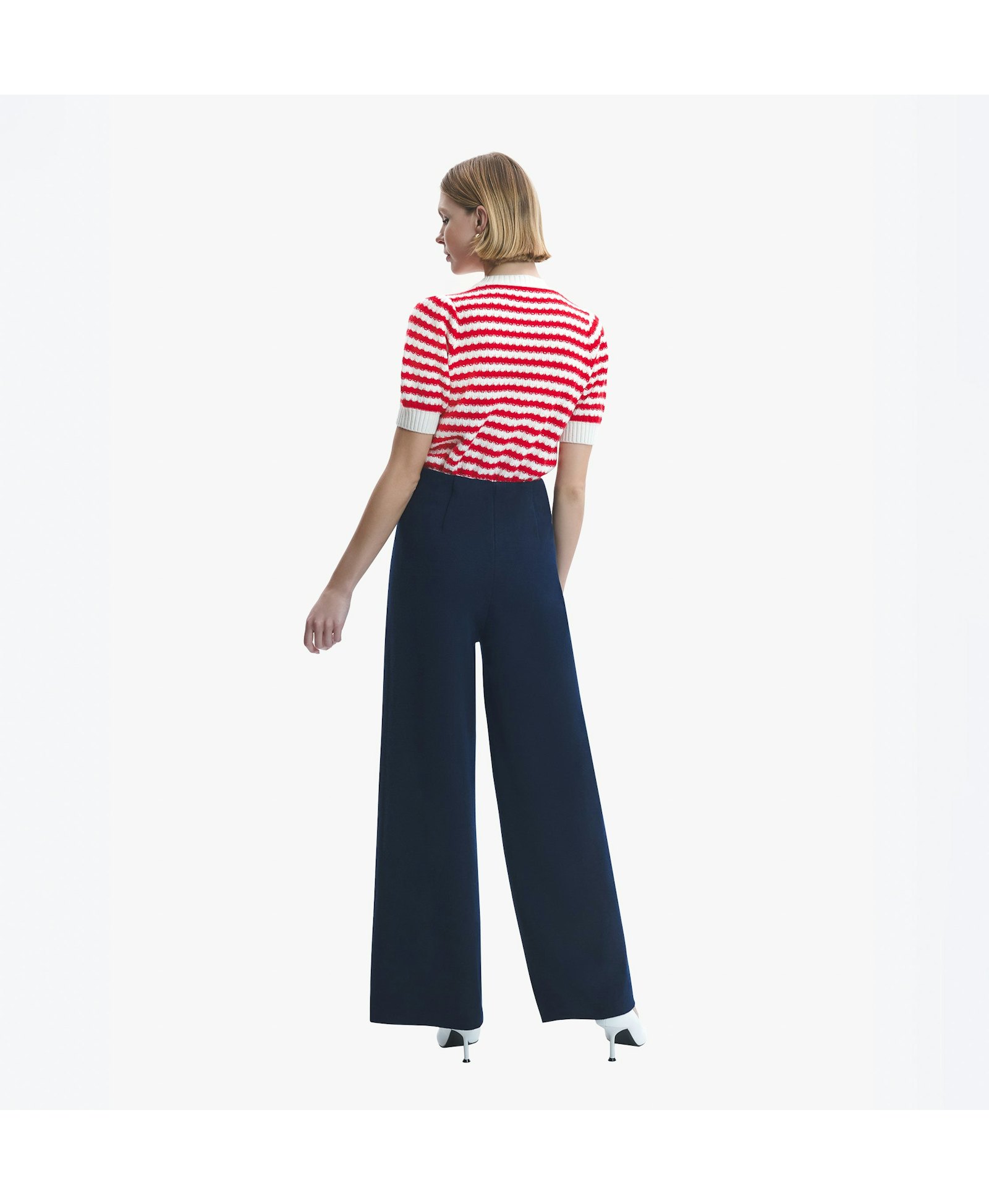 CASHMERE JACQUARD STRIPED PUFF SHORT-SLEEVED BLOUSE in Red made by CRUSH Collection