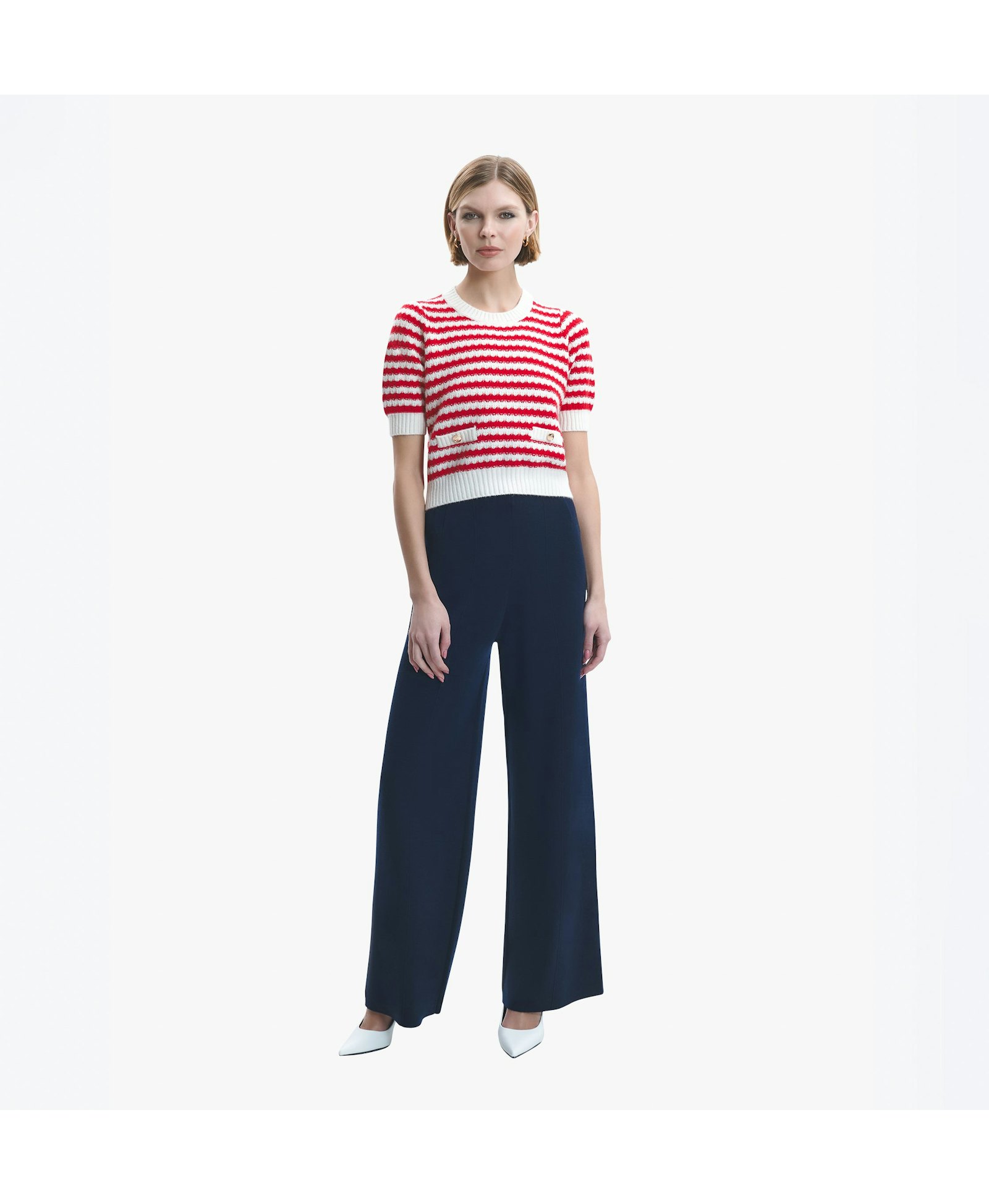 CASHMERE JACQUARD STRIPED PUFF SHORT-SLEEVED BLOUSE in Red made by CRUSH Collection
