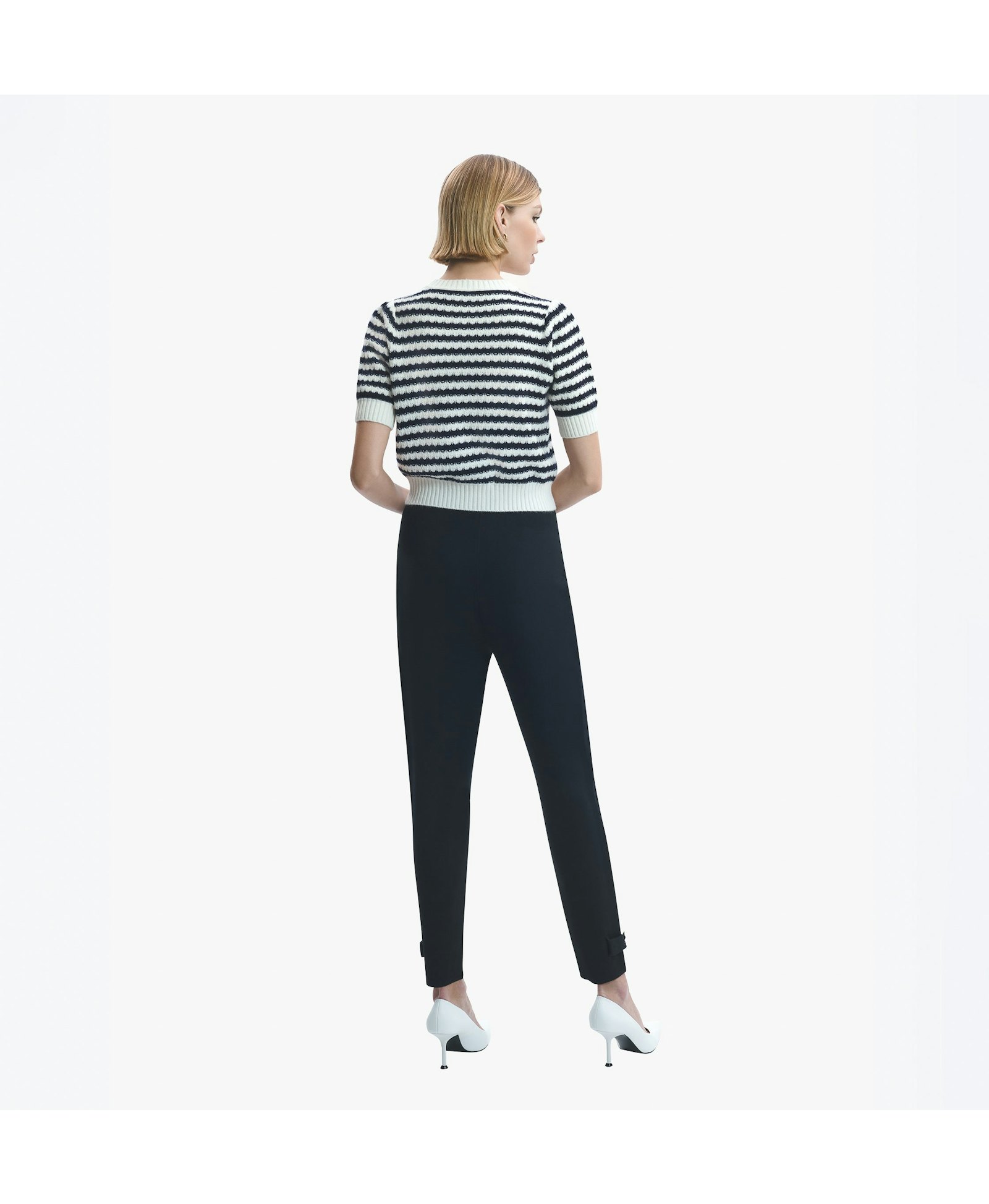 CASHMERE JACQUARD STRIPED PUFF SHORT-SLEEVED BLOUSE in Black made by CRUSH Collection