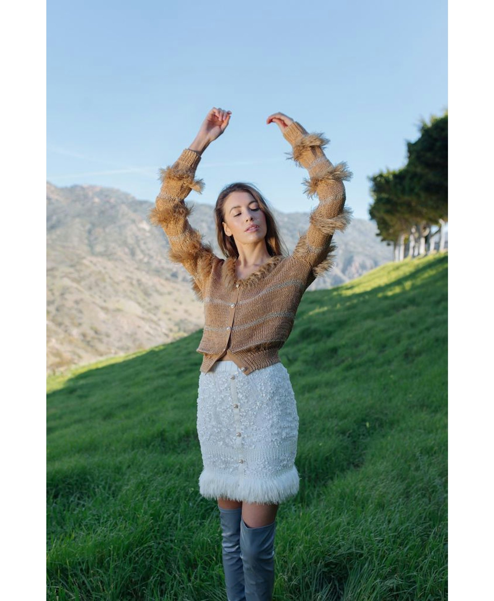 White Sundown Handmade Knit Skirt With Pear Buttons made by ANDREEVA