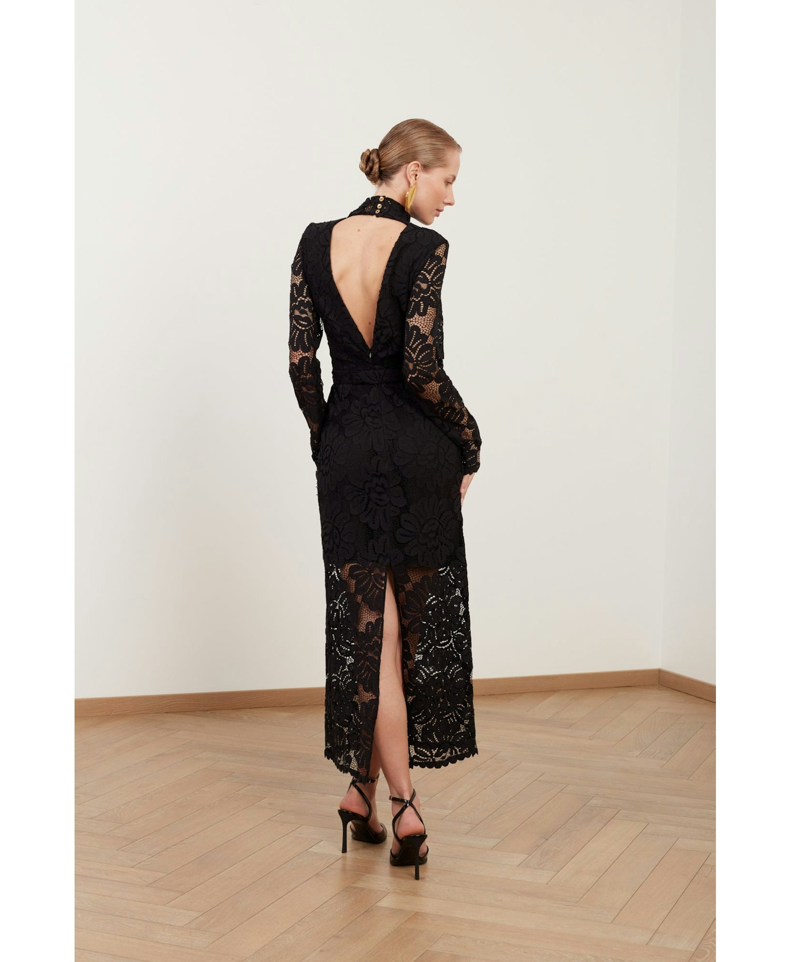 ELENA black floral lace midi dress with open back made by UNDRESS