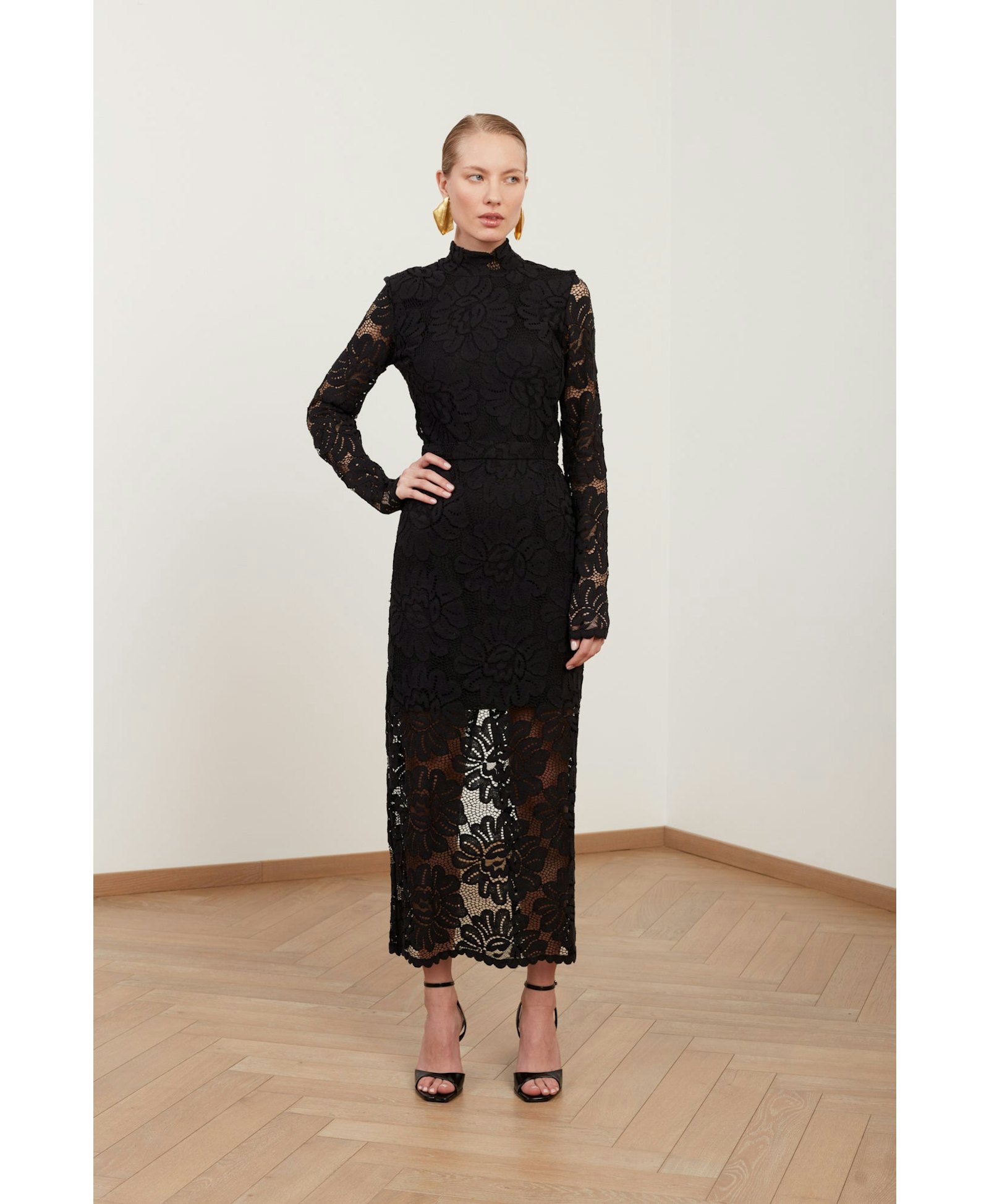 ELENA black floral lace midi dress with open back made by UNDRESS