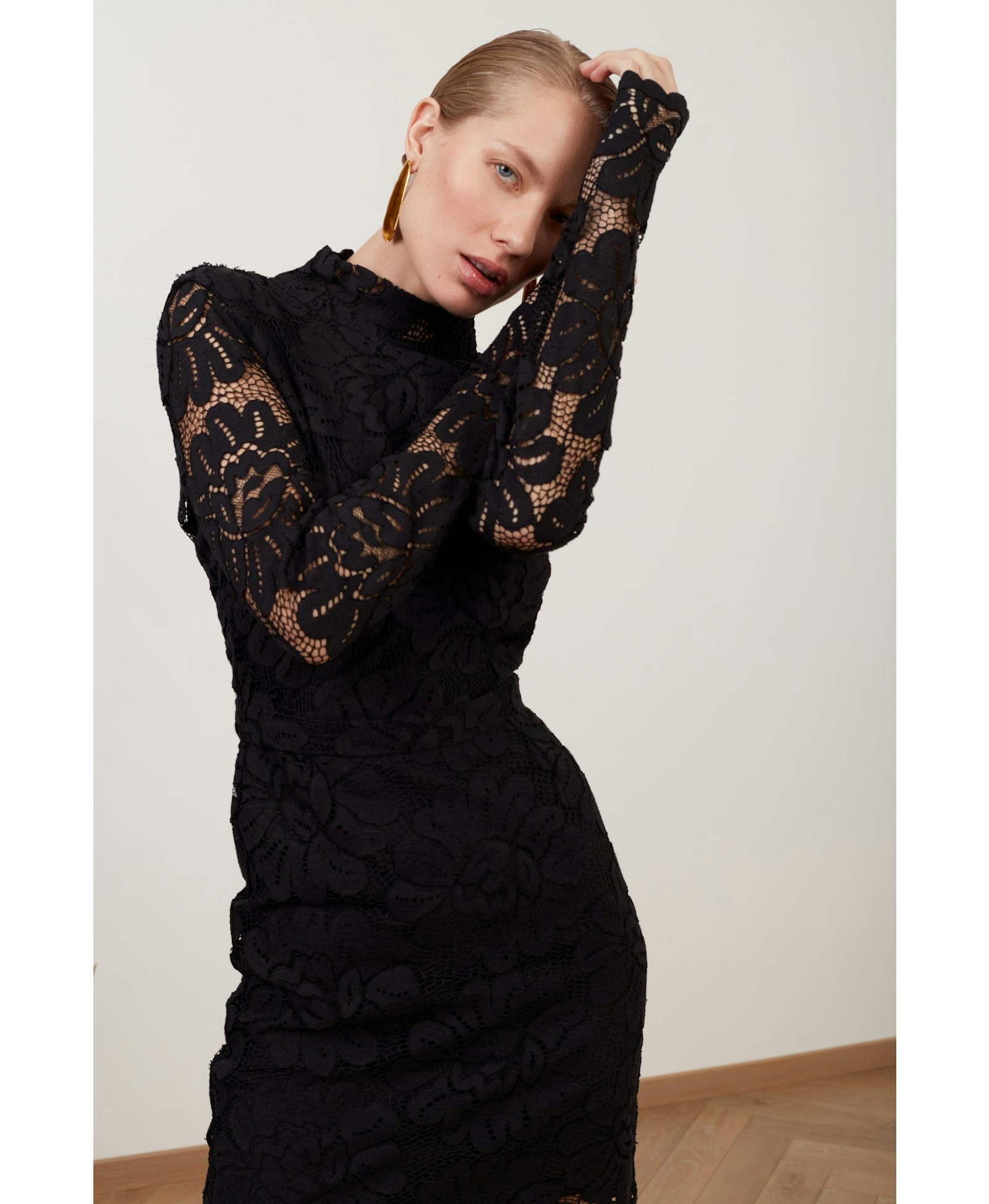 ELENA black floral lace midi dress with open back made by UNDRESS