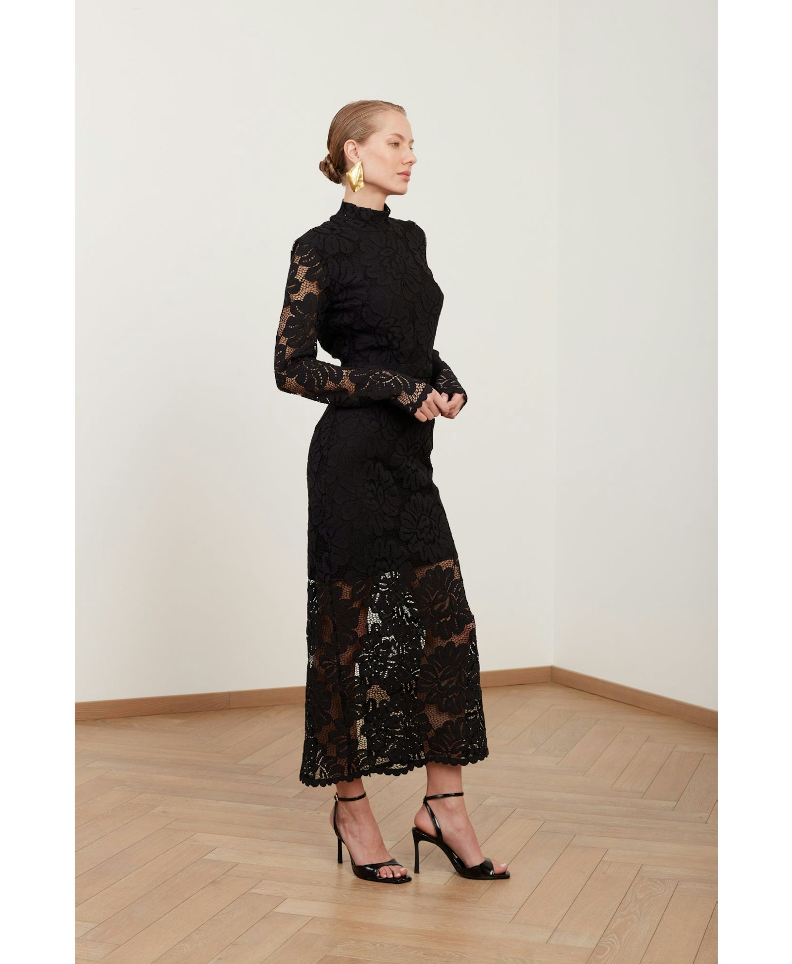 ELENA black floral lace midi dress with open back made by UNDRESS