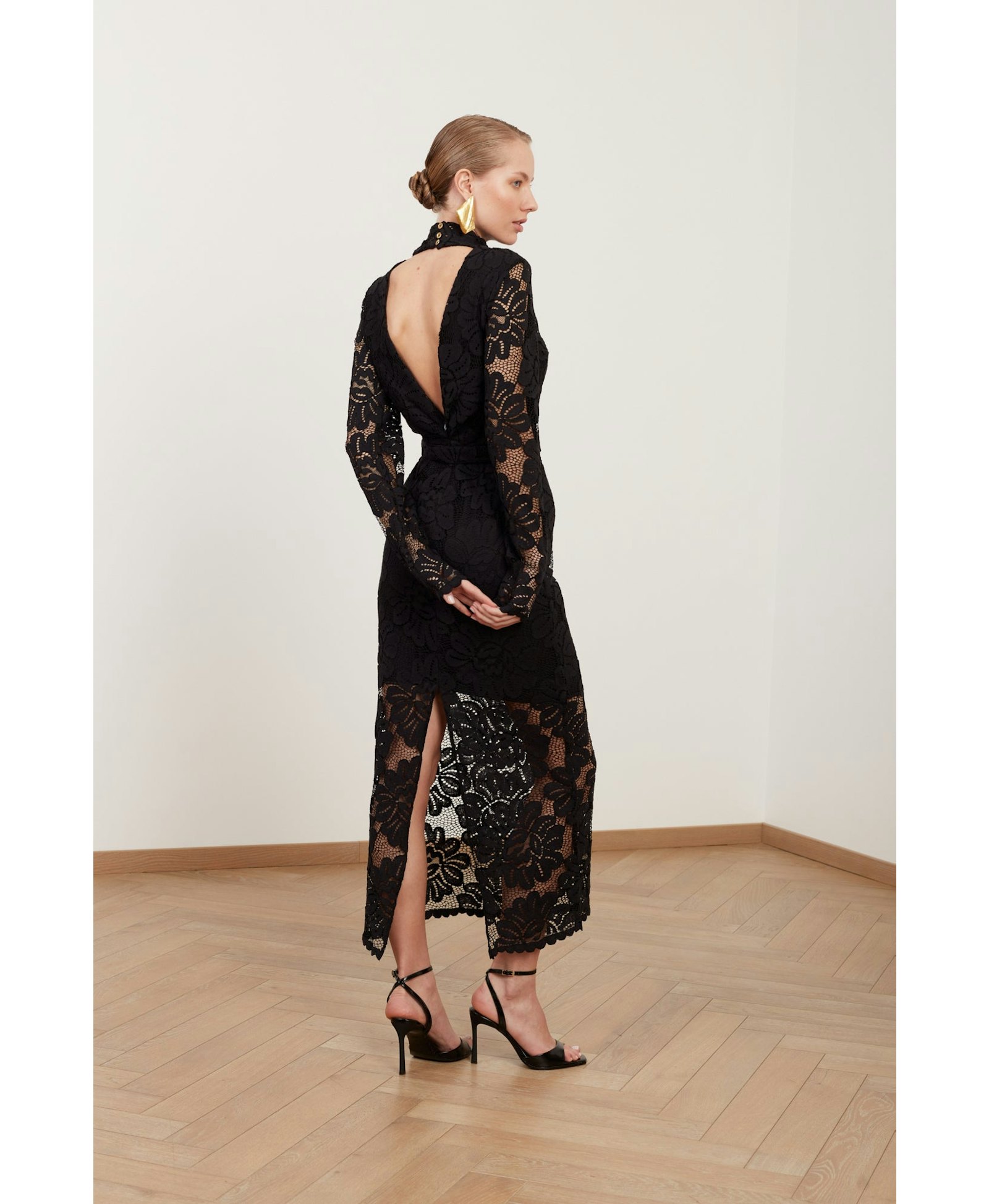 ELENA black floral lace midi dress with open back made by UNDRESS