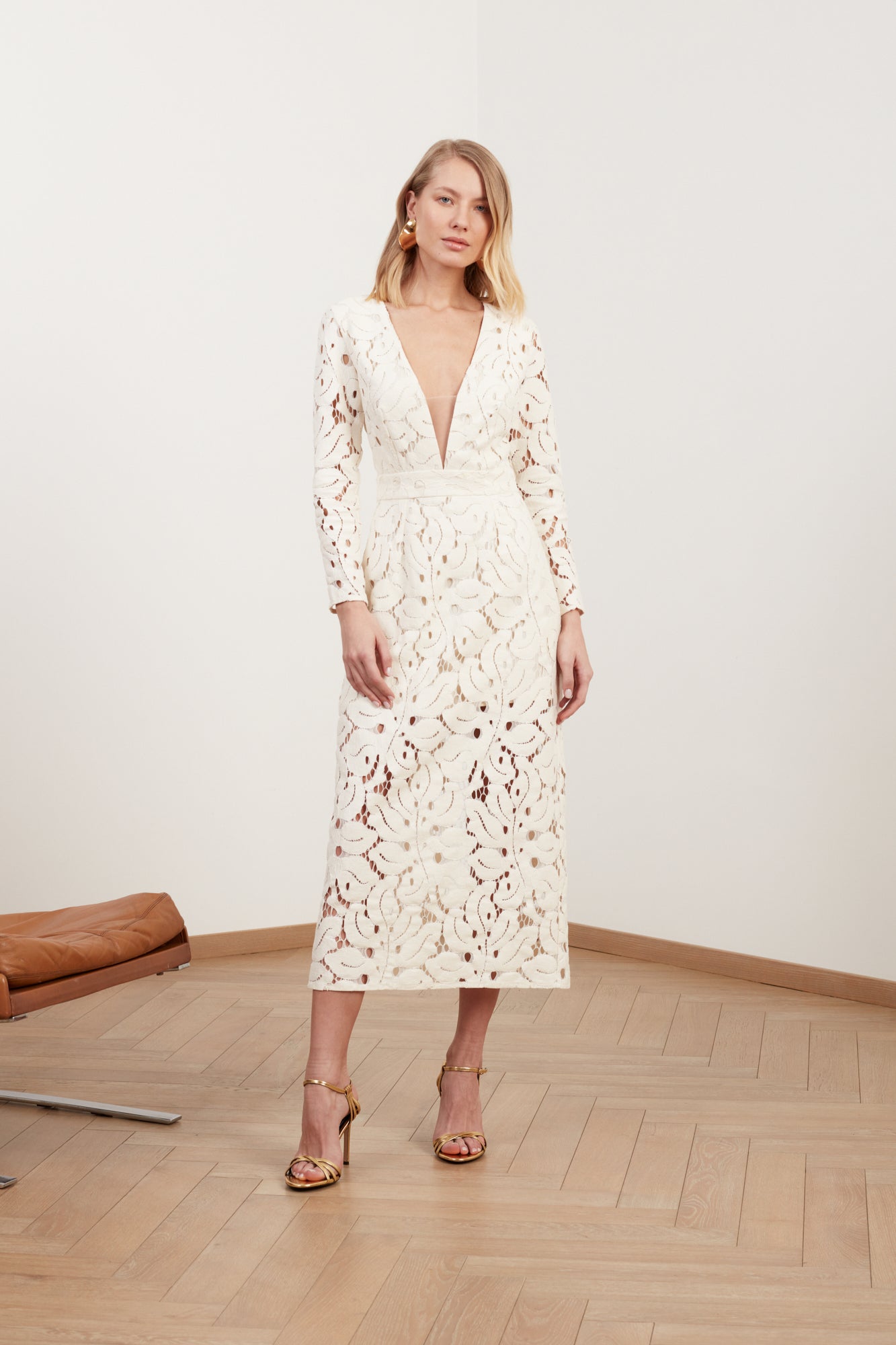Shop Undress Meera White Lace Fabric V Neck Midi Wedding Dress