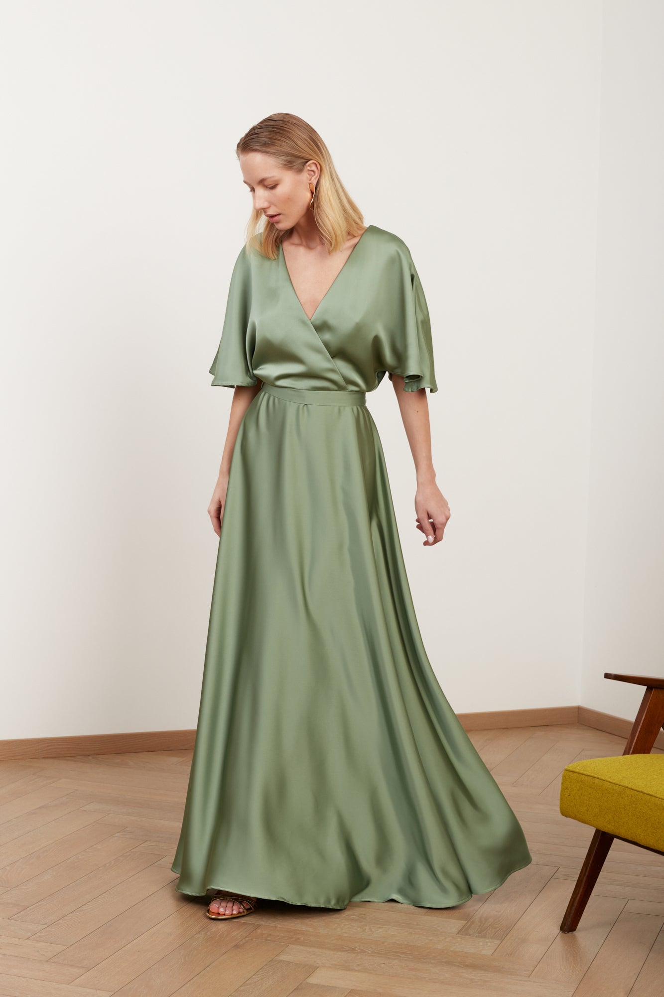 Shop Undress Solene Sage Green Satin Long Wedding Guest Dress
