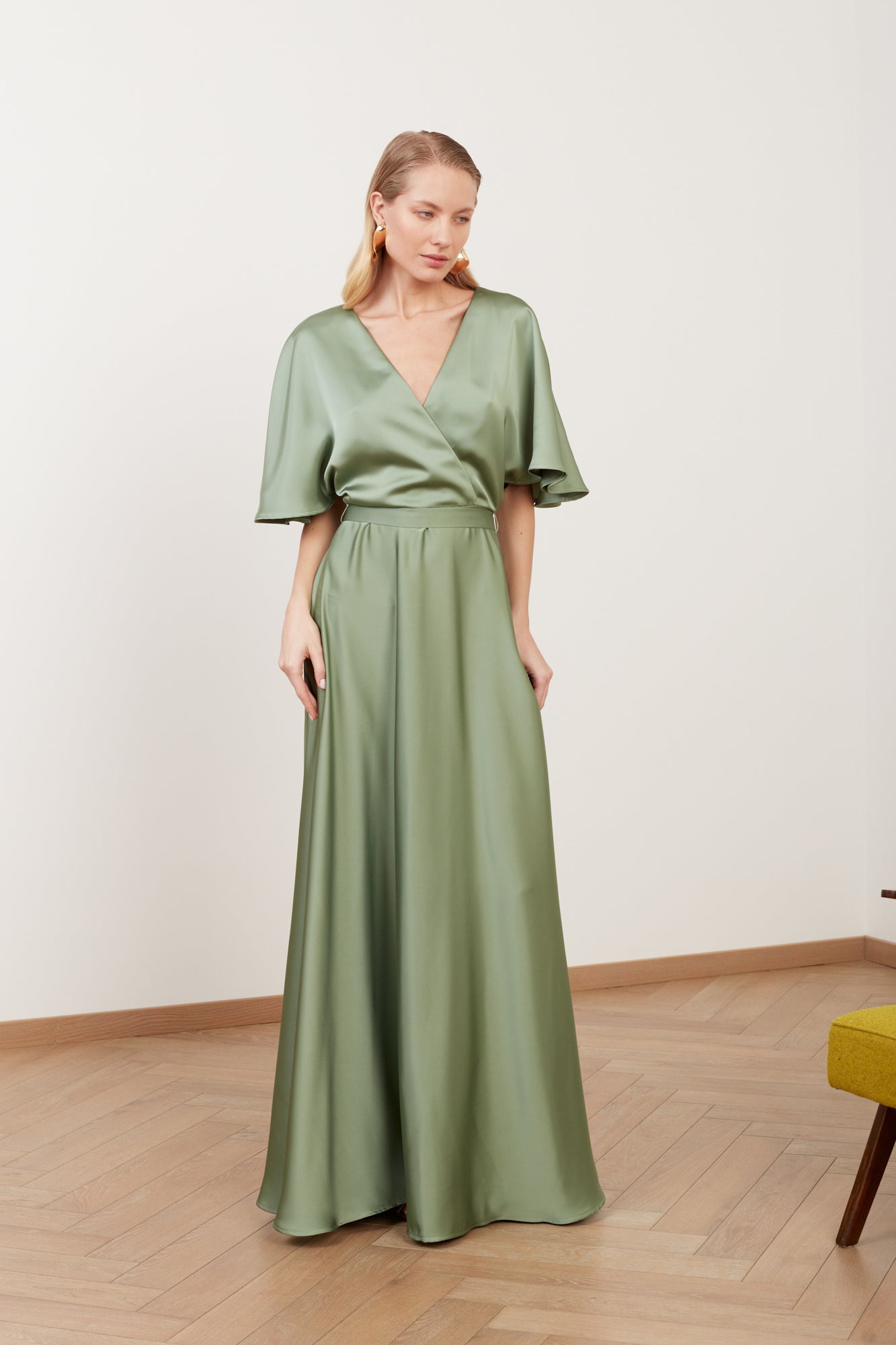 Shop Undress Solene Sage Green Satin Long Wedding Guest Dress