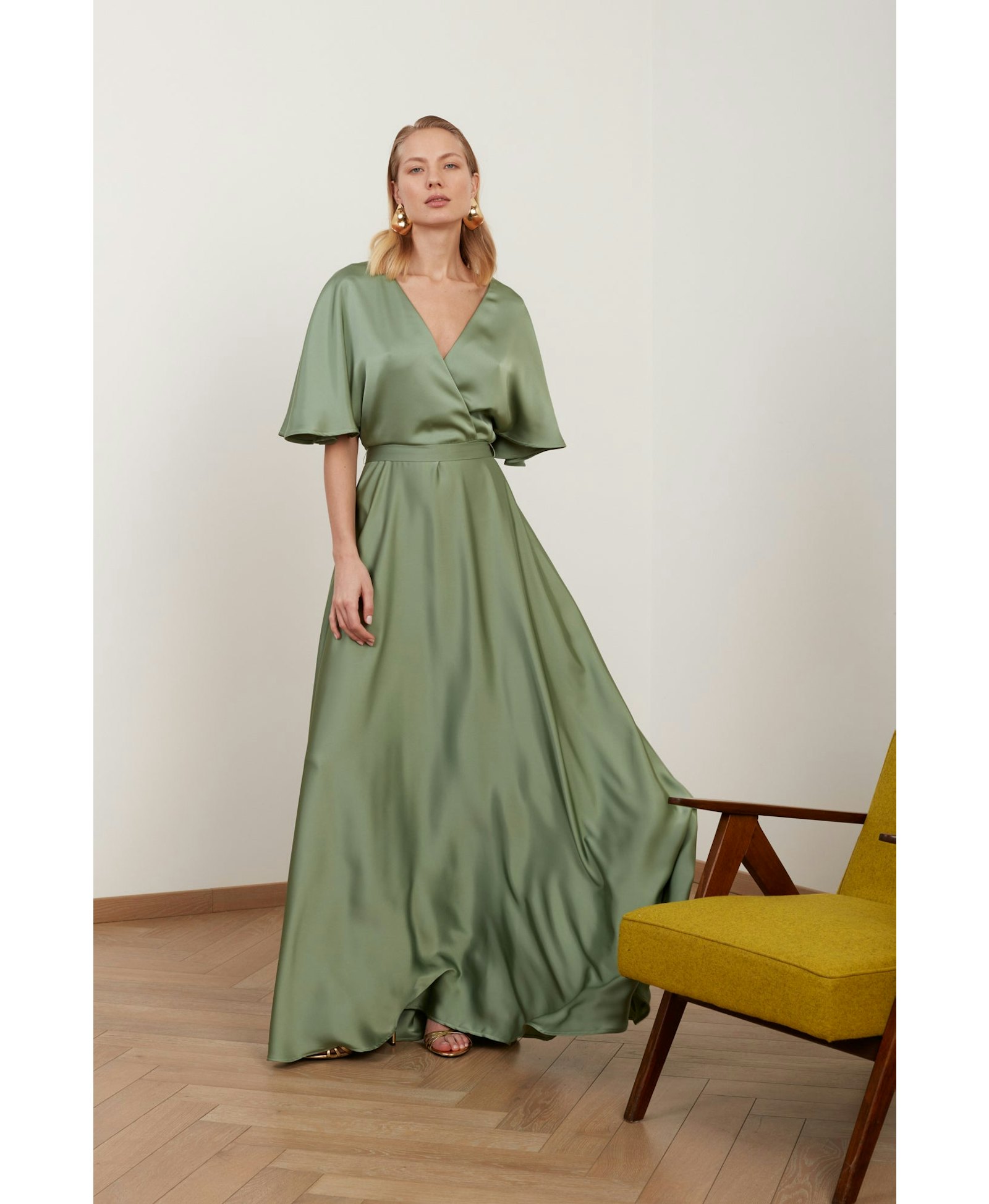 SOLENE sage green satin long wedding guest dress made by UNDRESS