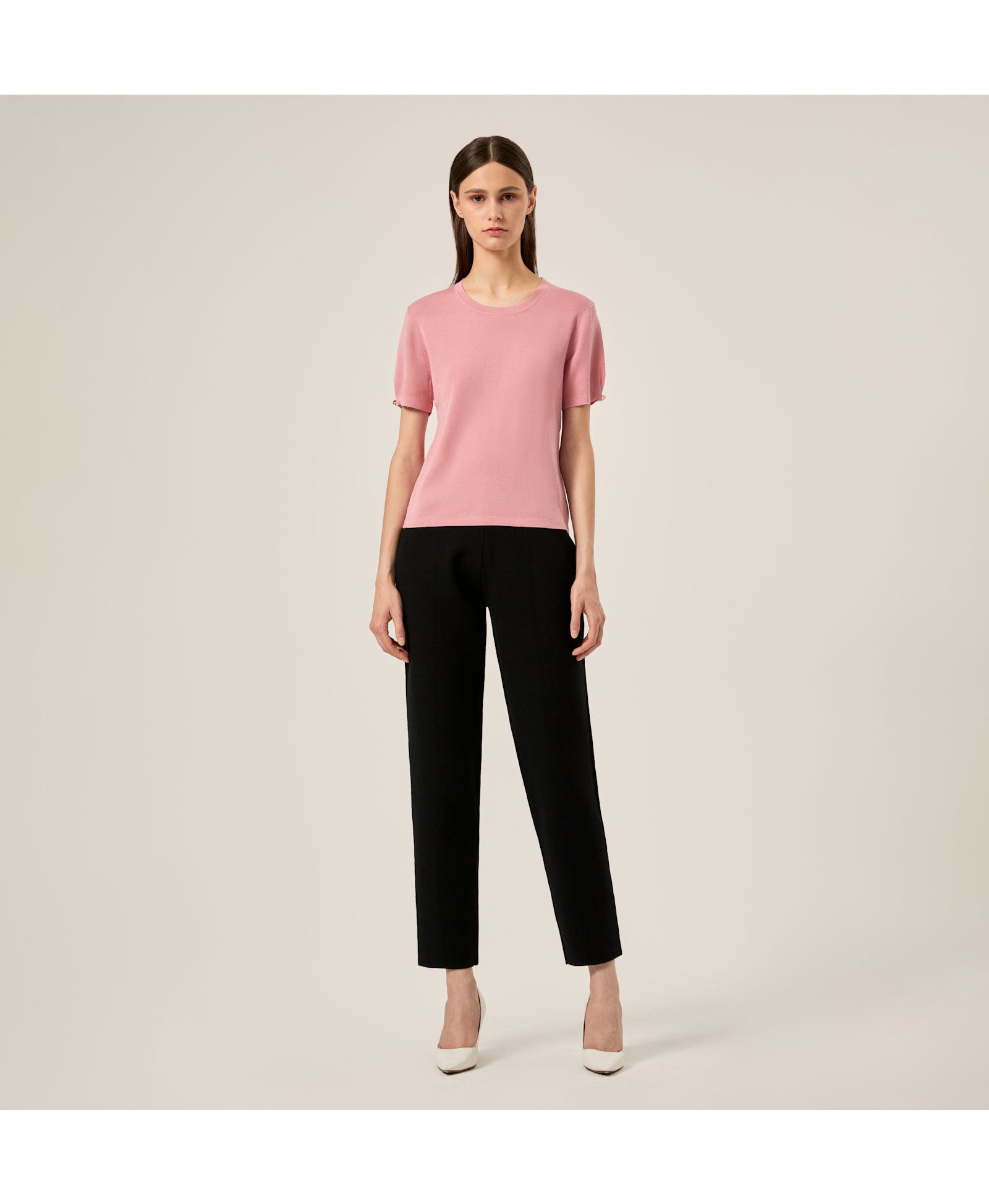SILK CASHMERE CABLE-KNIT CREWNECK TOP in Pink made by CRUSH Collection