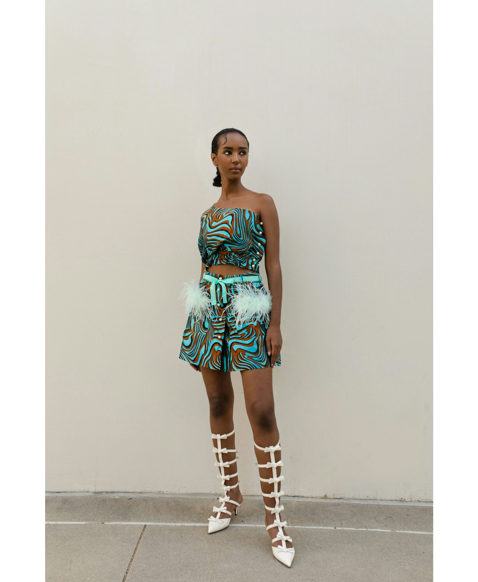 Mint Printed Mini Skirt With Feathers made by ANDREEVA
