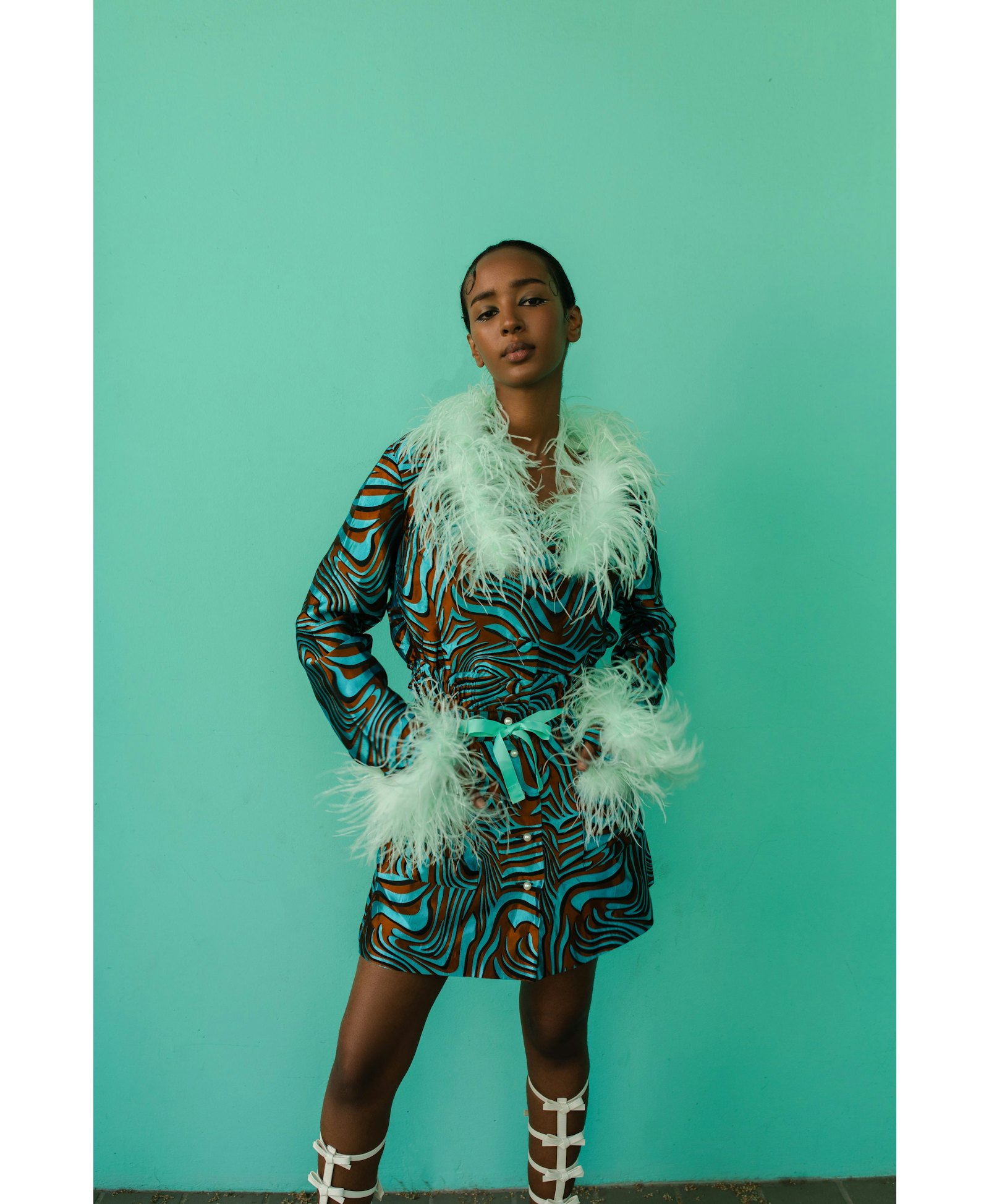 Mint Printed Mini Skirt With Feathers made by ANDREEVA