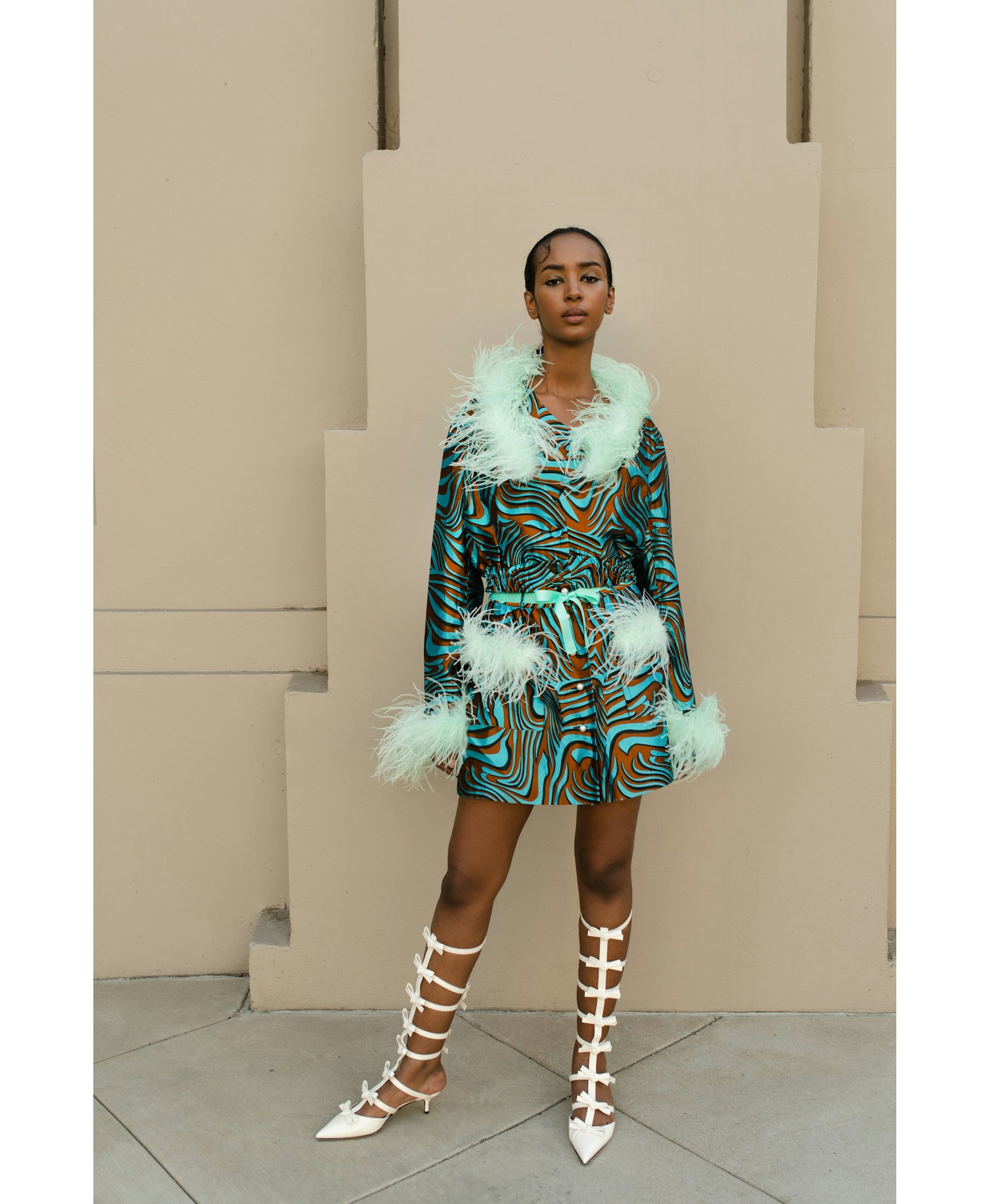 Mint Printed Mini Skirt With Feathers made by ANDREEVA