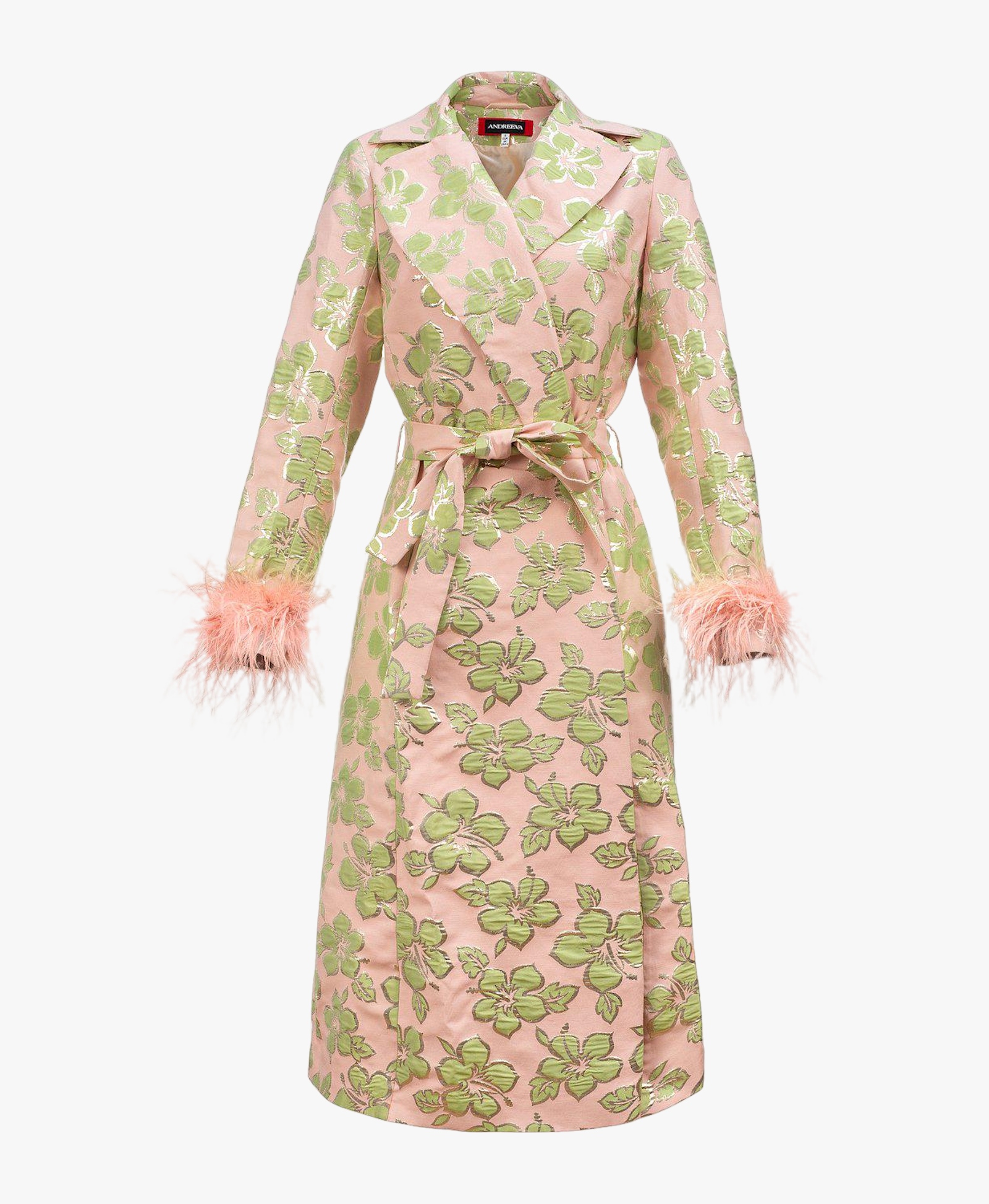 Pink Jacquard Coat №19 with detachable feather cuffs made by ANDREEVA