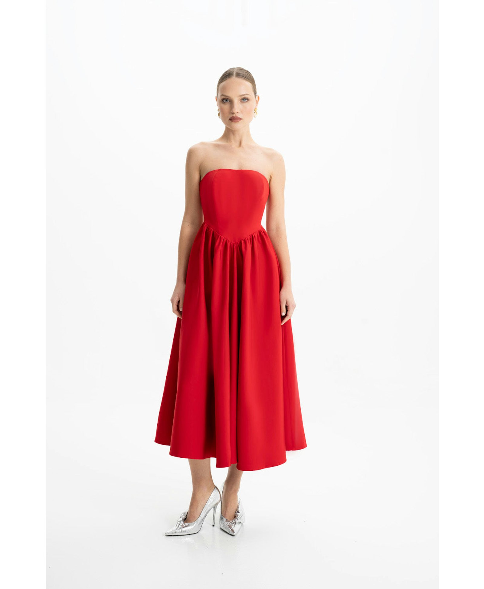 Eva Red Strapless Corset Midi Dress made by Lora Istanbul