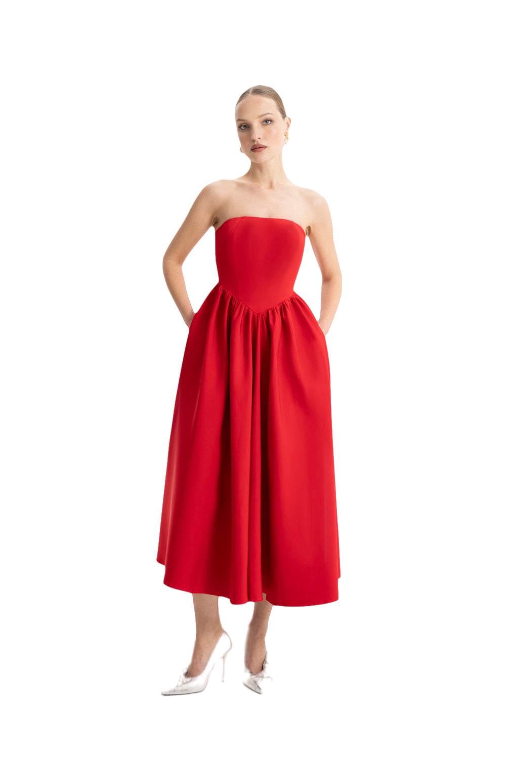 Shop Lora Istanbul Eva Red Strapless Corset Midi Dress