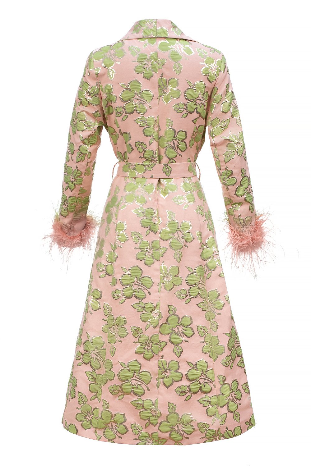 Buy Pink Jacquard Coat №19 With Detachable Feather Cuffs by ANDREEVA