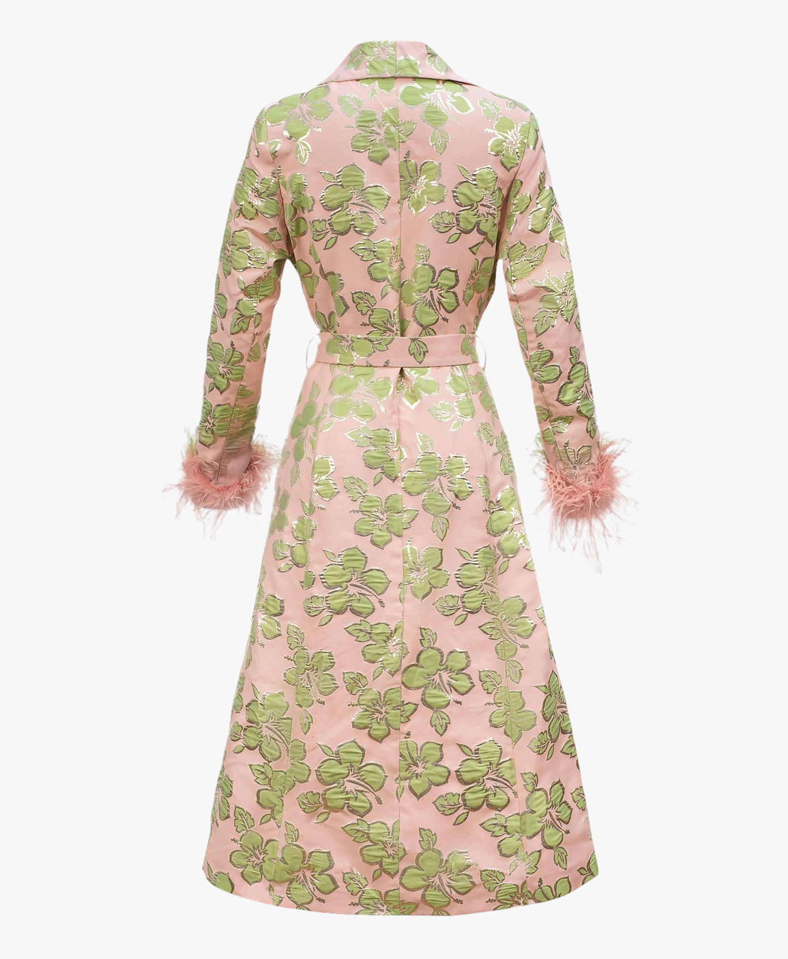 Pink Jacquard Coat №19 with detachable feather cuffs made by ANDREEVA