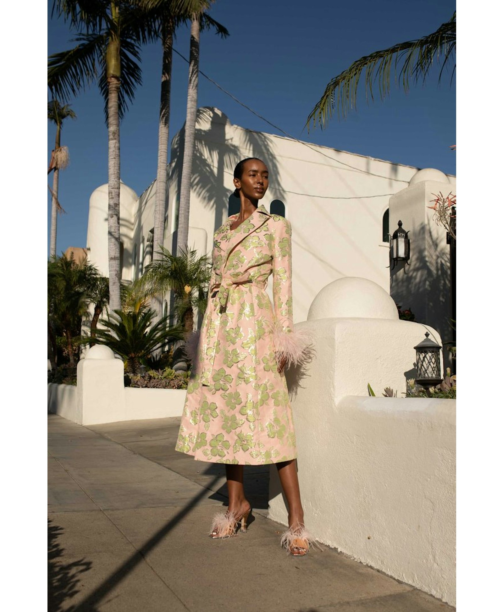 Pink Jacquard Coat №19 with detachable feather cuffs made by ANDREEVA