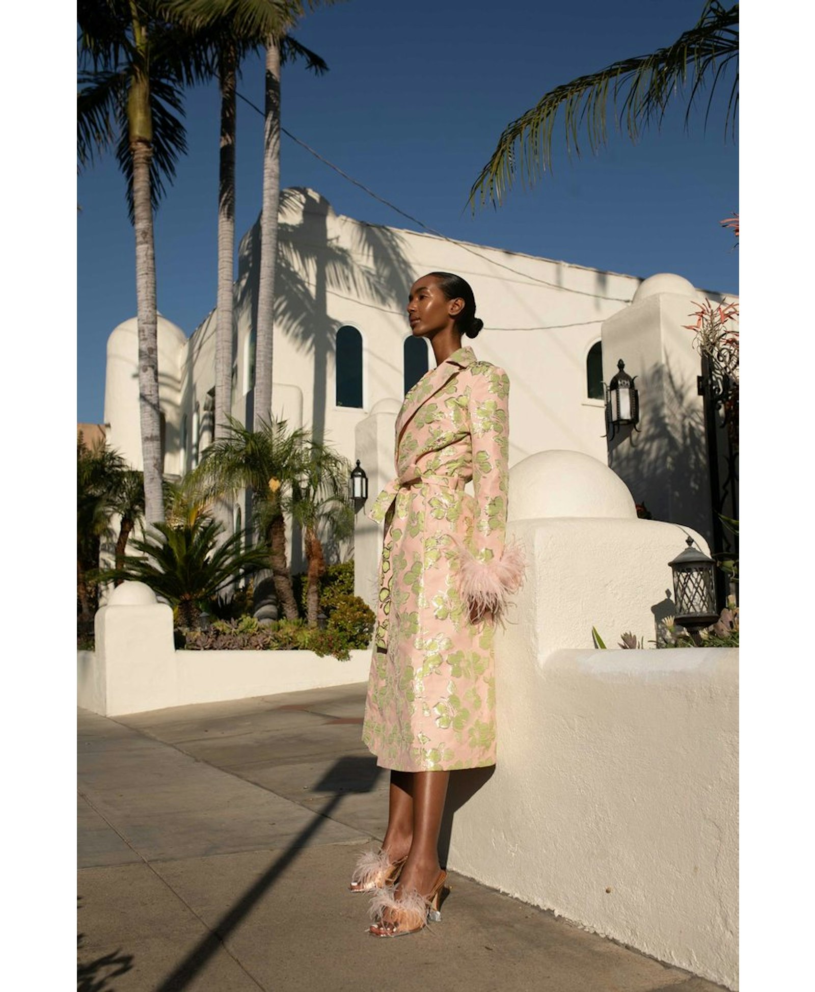 Pink Jacquard Coat №19 with detachable feather cuffs made by ANDREEVA