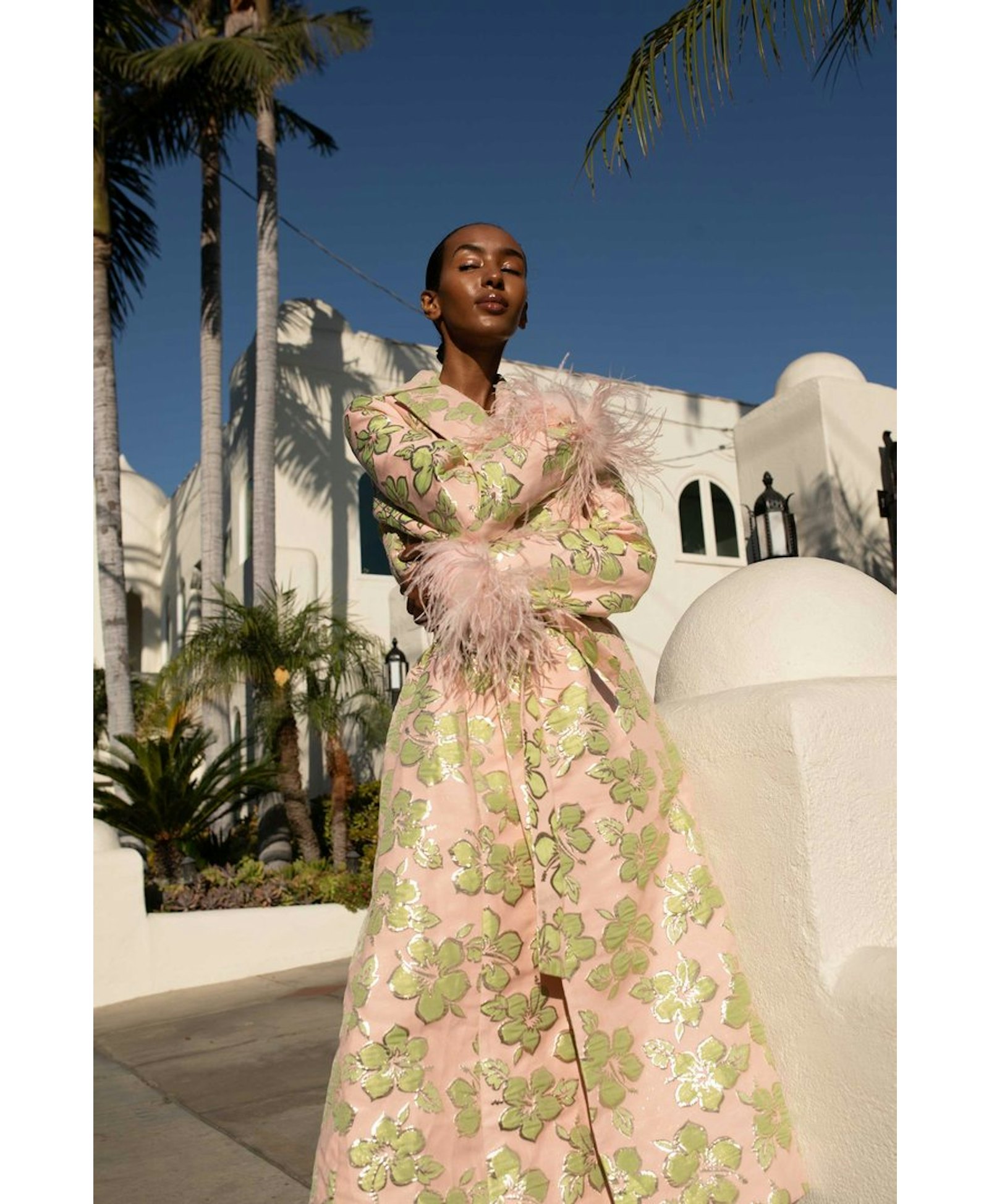 Pink Jacquard Coat №19 with detachable feather cuffs made by ANDREEVA