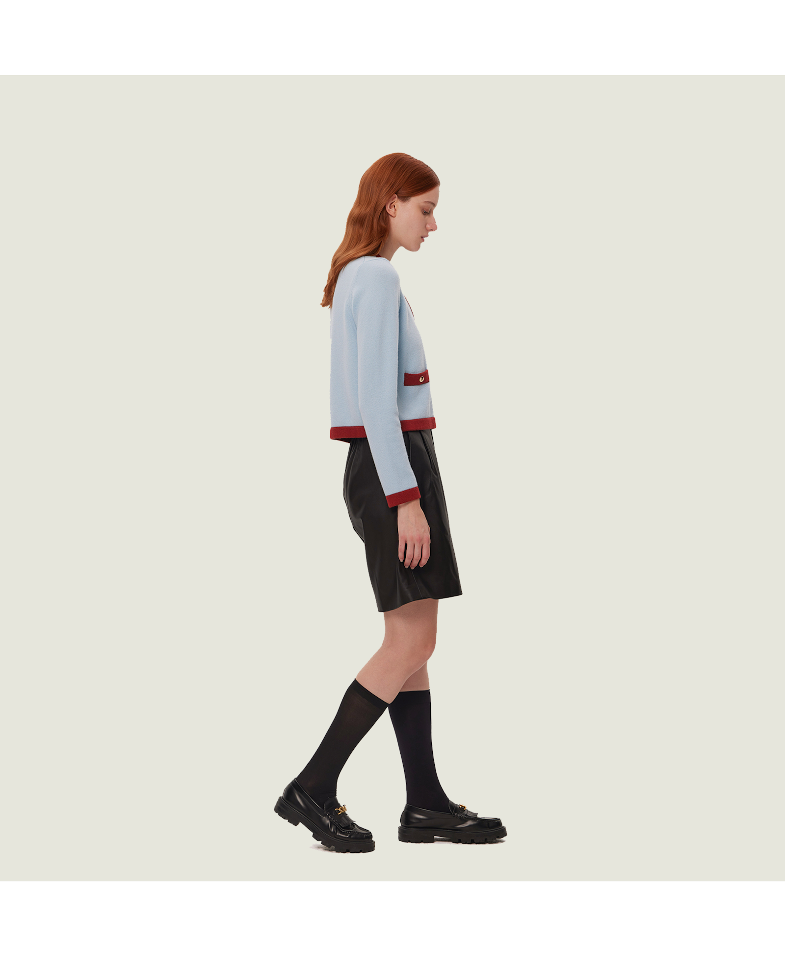 BUTTON-EMBELLISHED COLORBLOCKED CREWNECK SWEATER WITH POCKETS made by CRUSH Collection