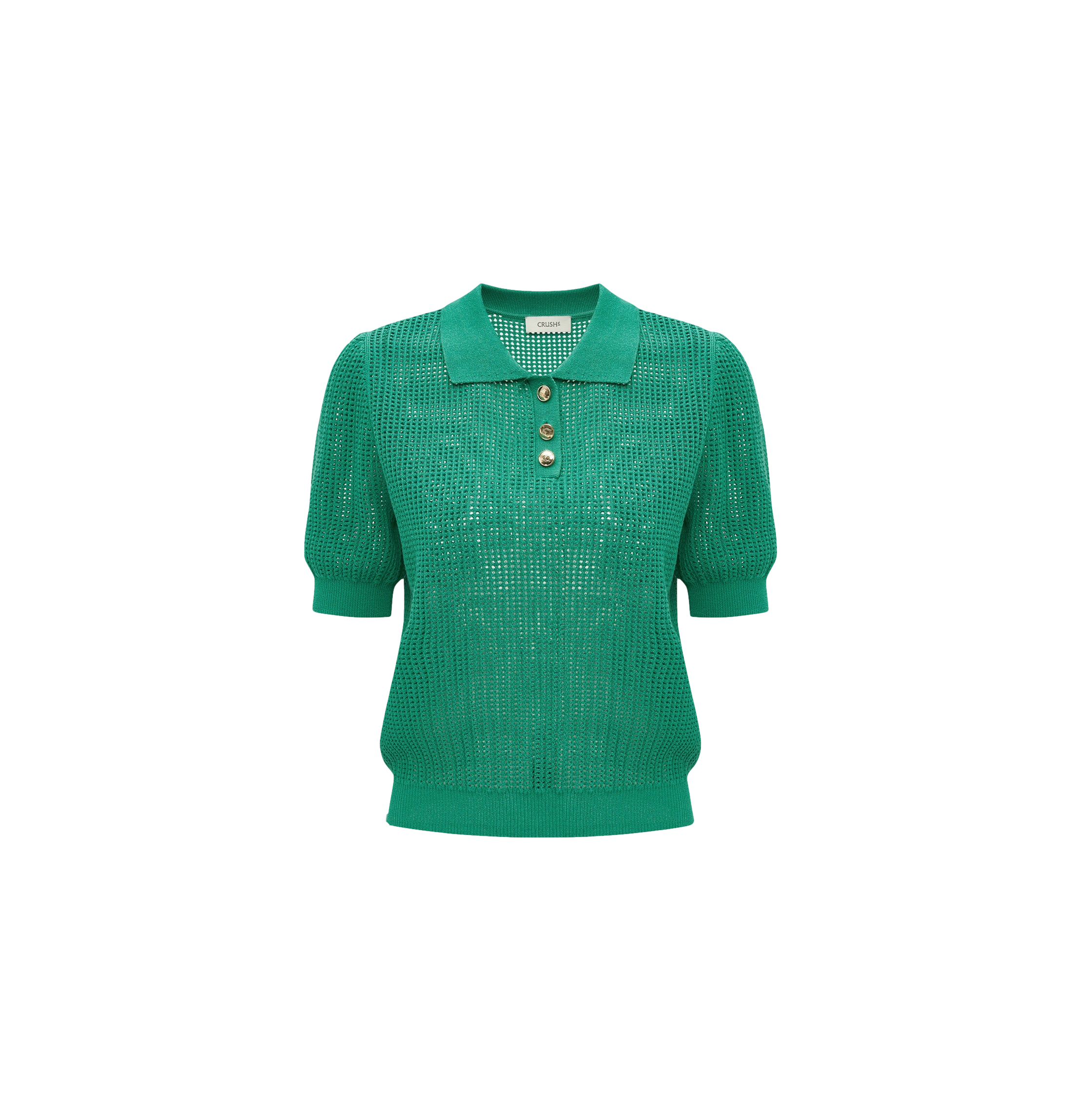 Crush Collection Gold Buttons Pointelle Polo Top In Green