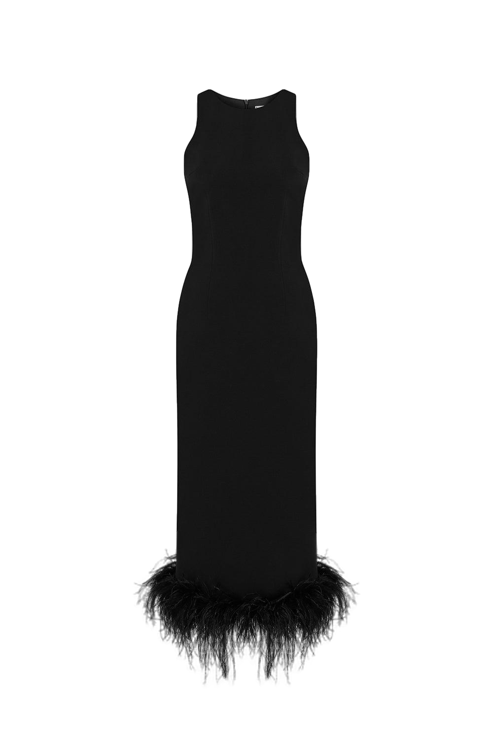 Ila Puri - Midi Dress With Feather Trim In Black