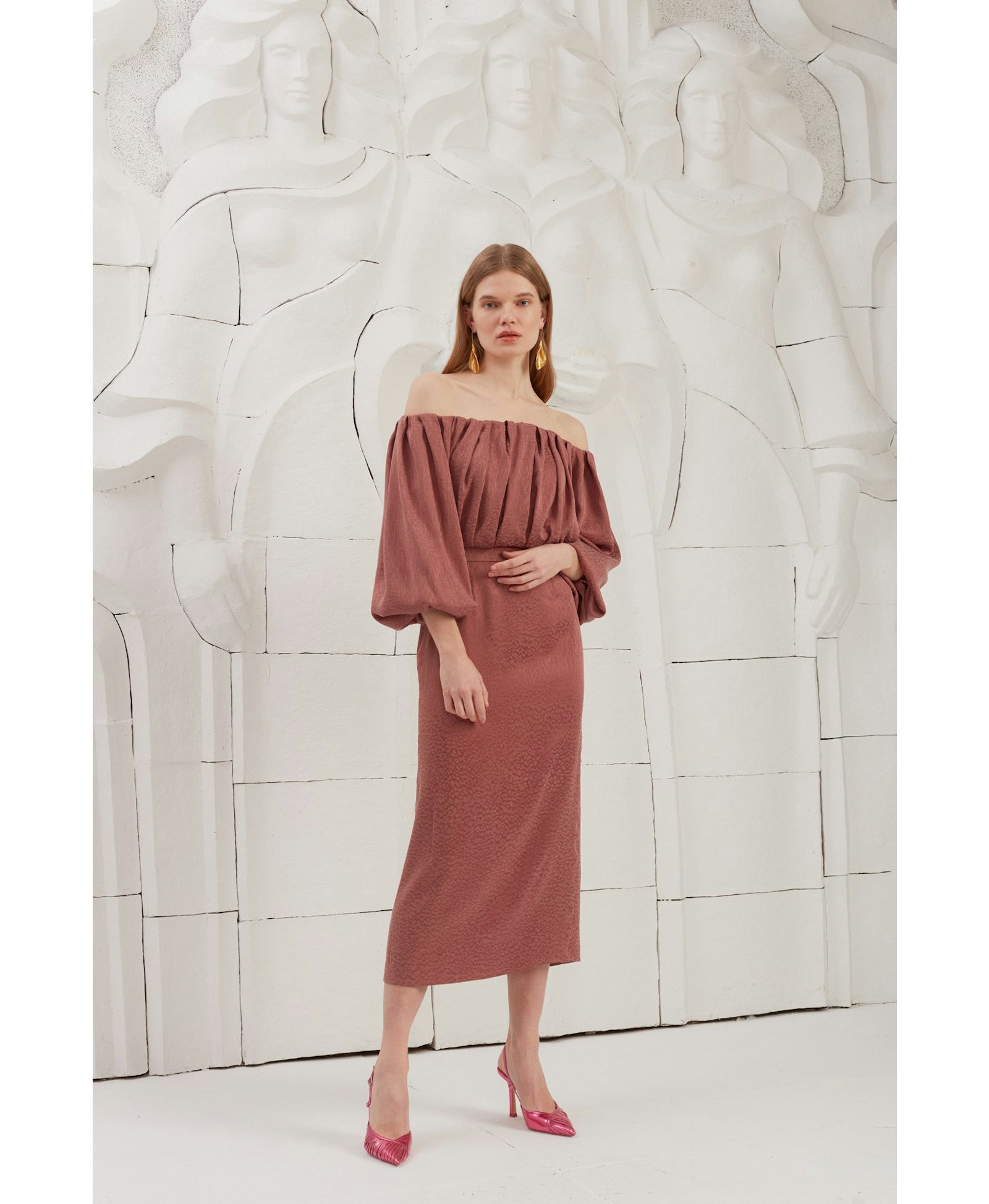 DELIA terracotta off shoulder midi dress made by UNDRESS