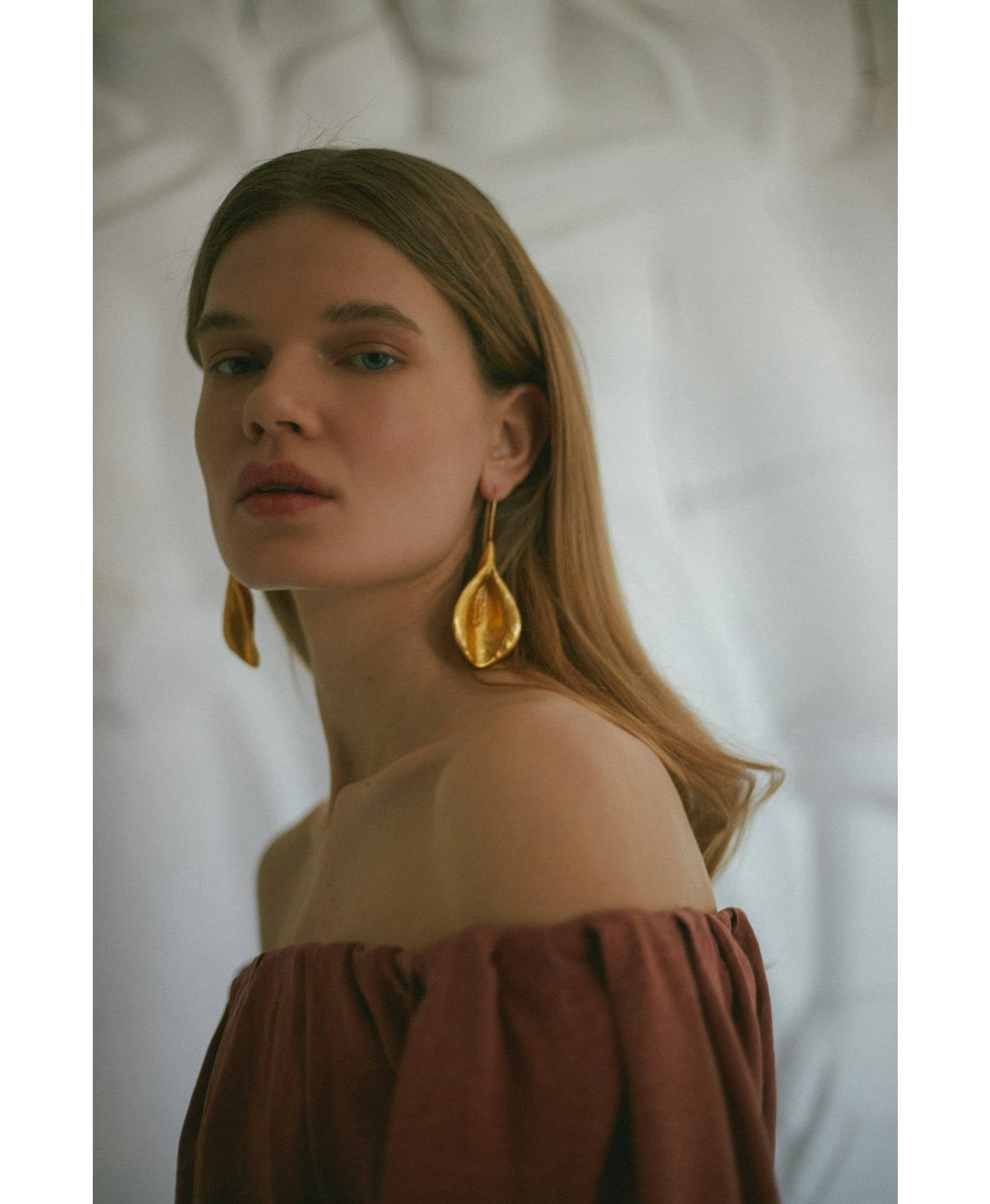 DELIA terracotta off shoulder midi dress made by UNDRESS