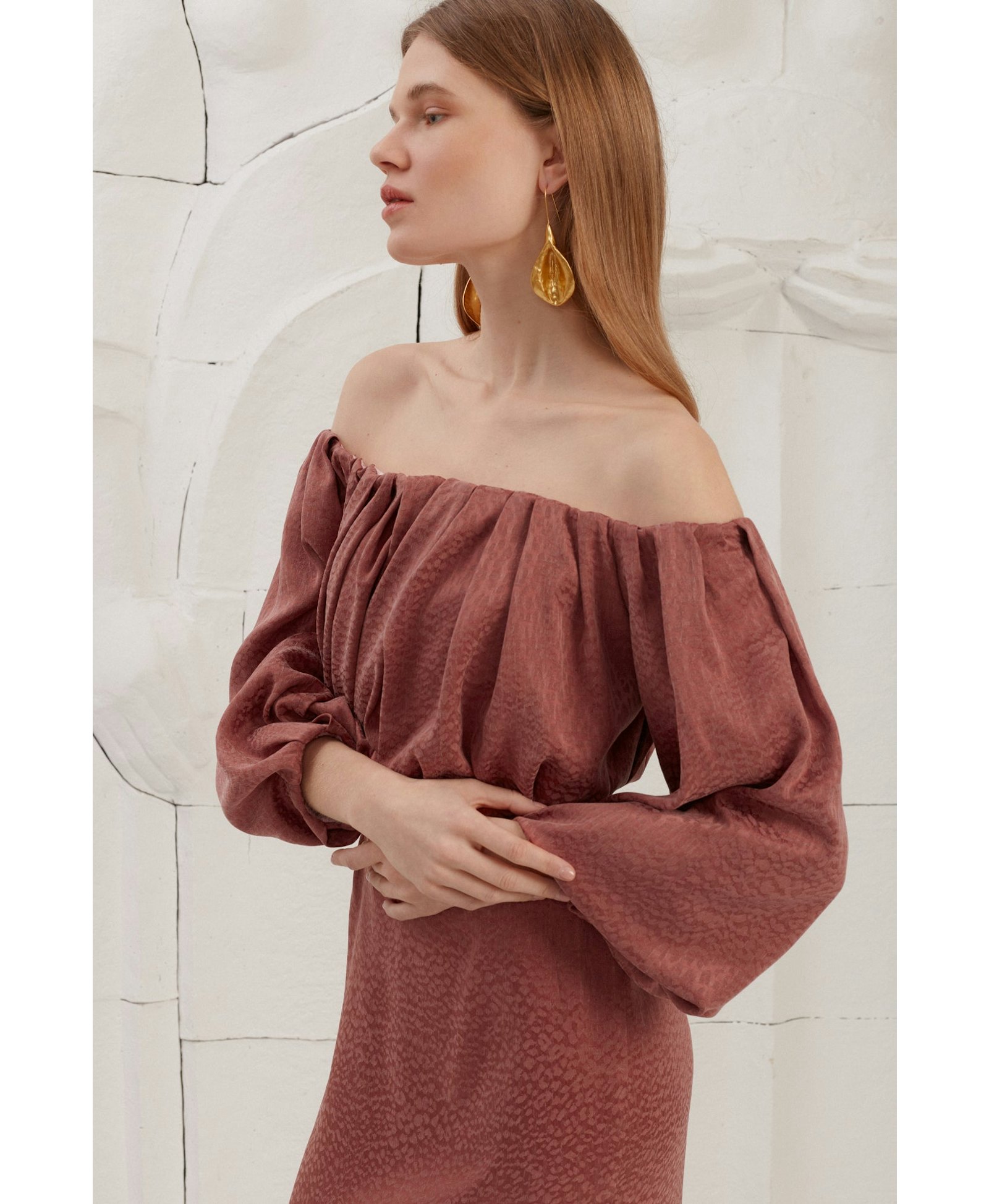 DELIA terracotta off shoulder midi dress made by UNDRESS