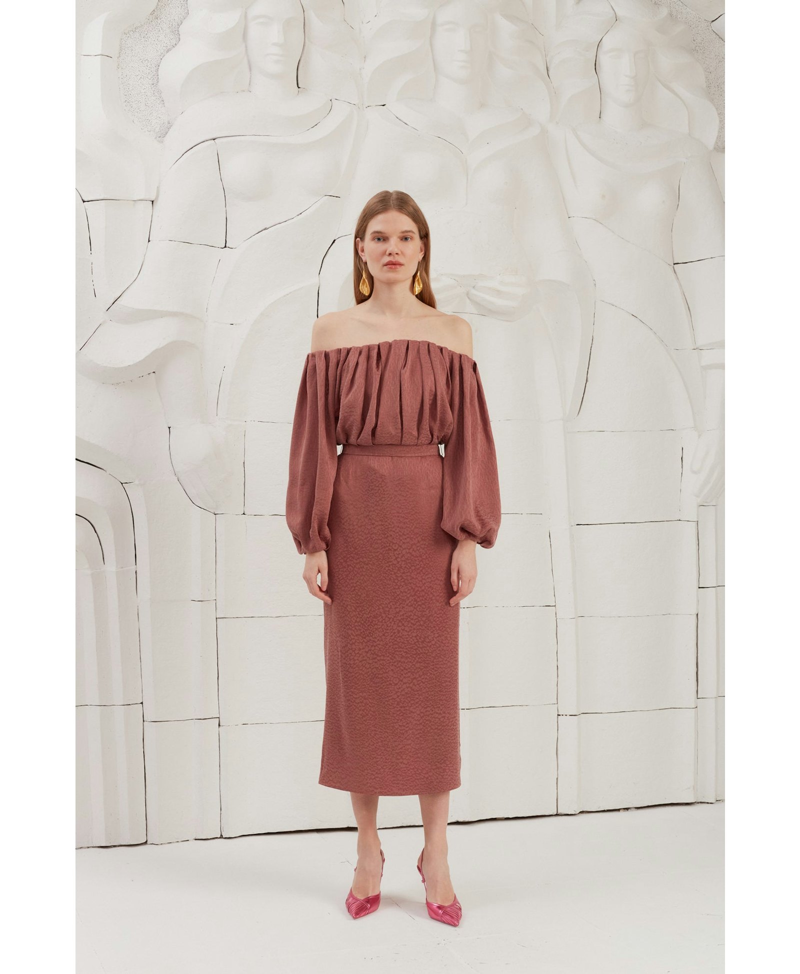 DELIA terracotta off shoulder midi dress made by UNDRESS