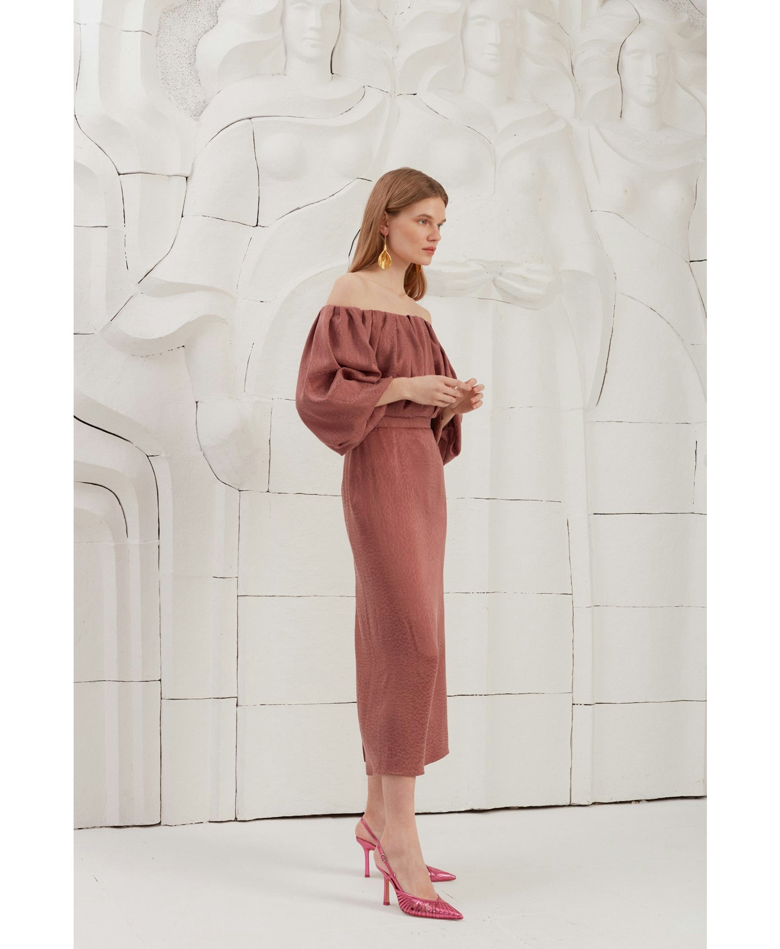 DELIA terracotta off shoulder midi dress made by UNDRESS