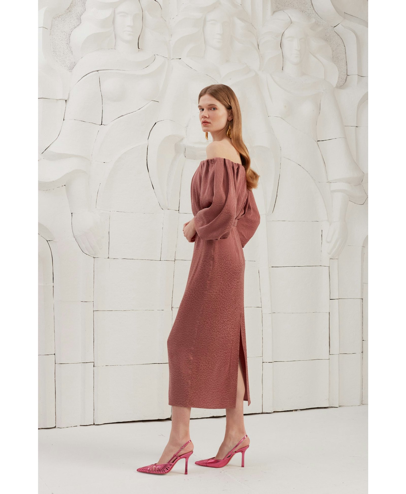 DELIA terracotta off shoulder midi dress made by UNDRESS