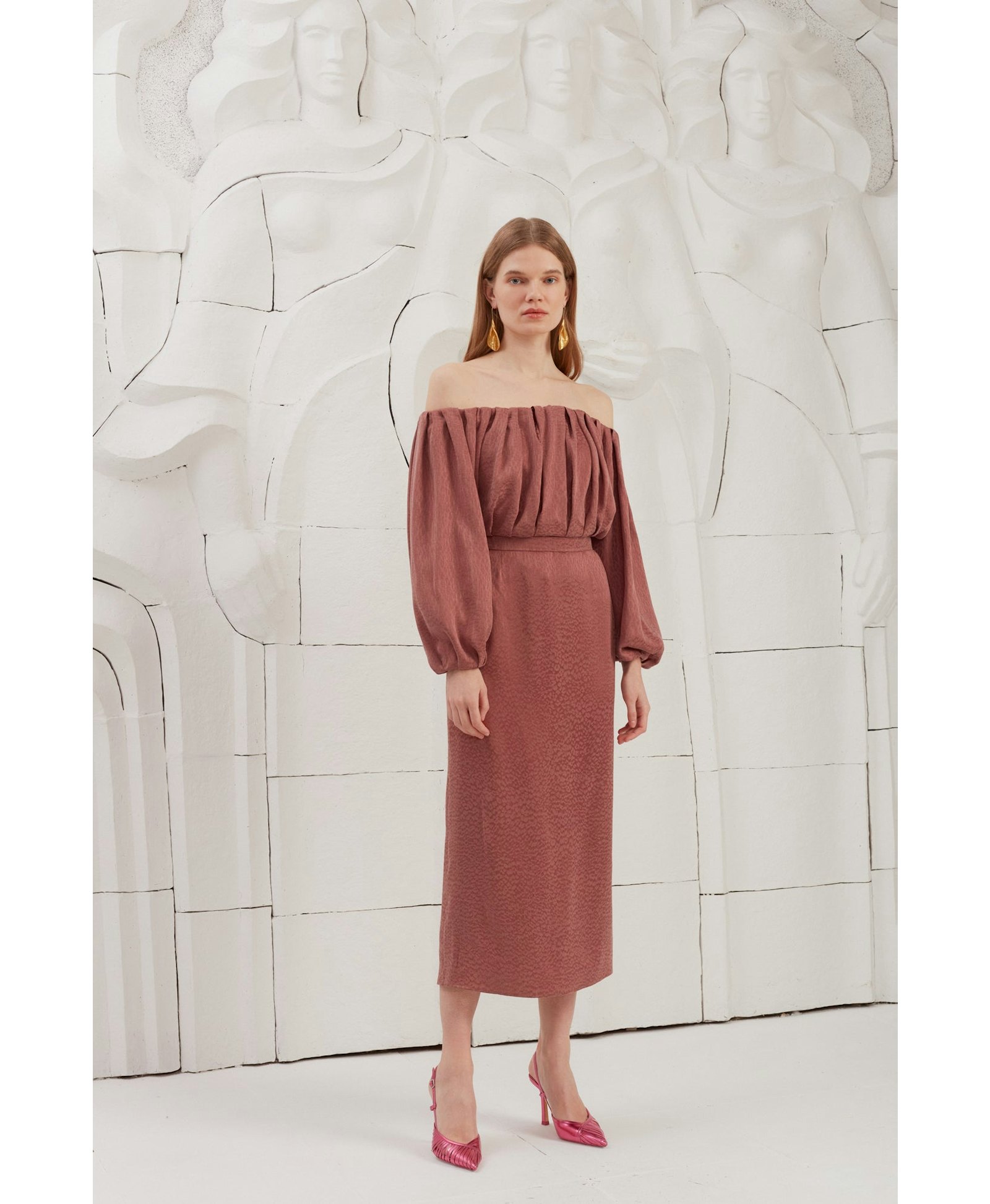 DELIA terracotta off shoulder midi dress made by UNDRESS
