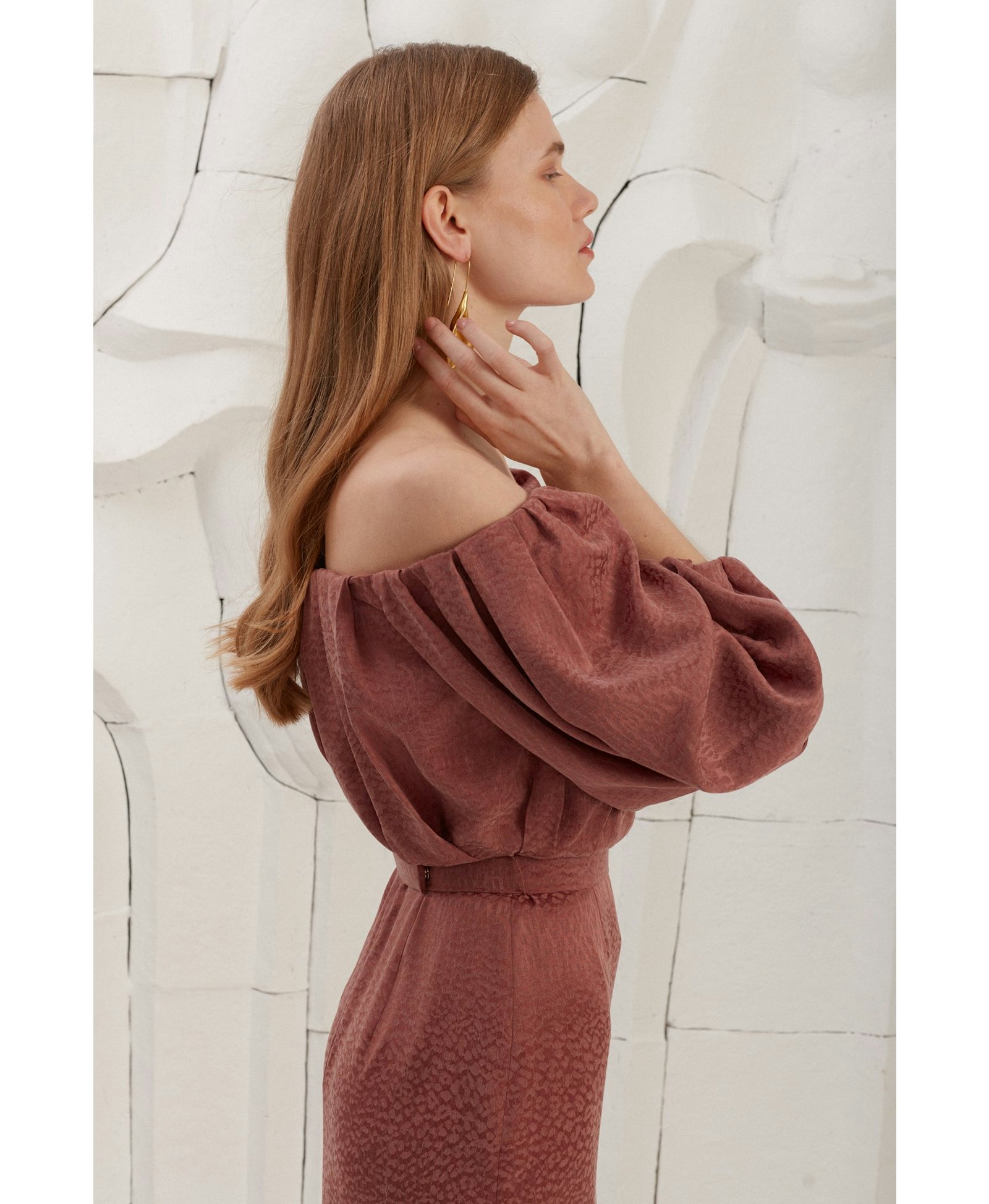 DELIA terracotta off shoulder midi dress made by UNDRESS