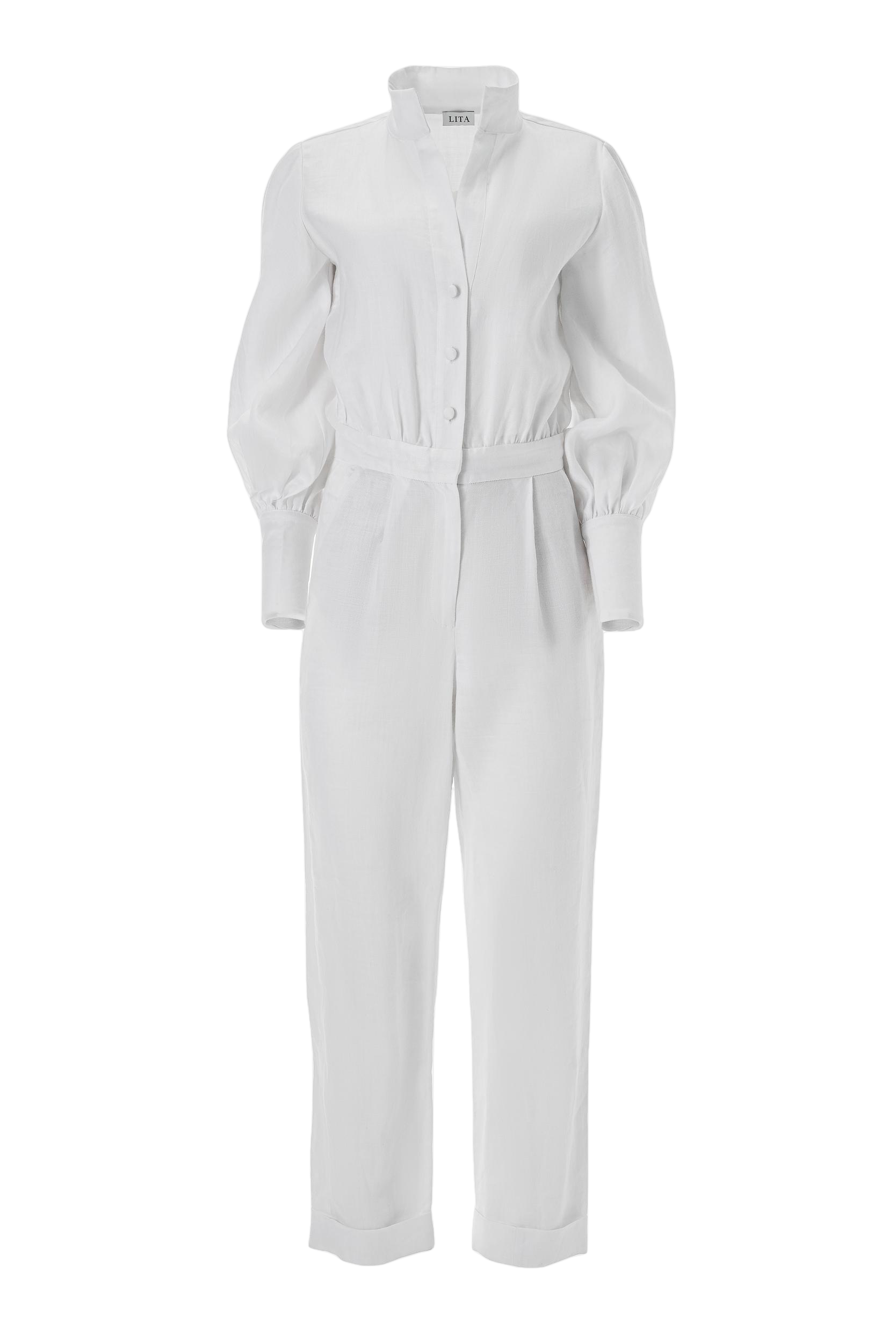 Lita Couture Belted Vanity Jumpsuit In White Cotton Blend
