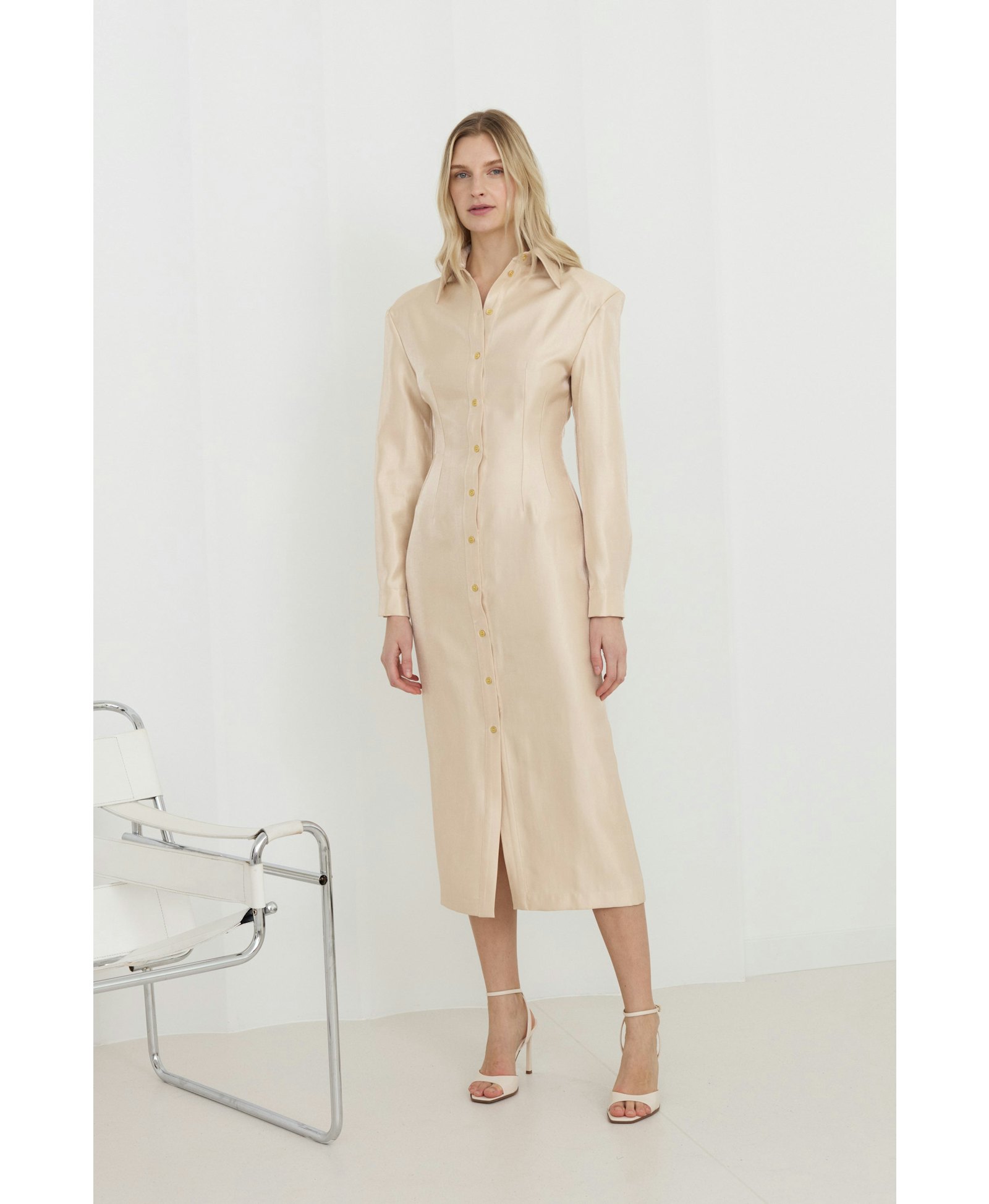 EDITH Pastel Fitted Midi Shirt Dress With Golden Buttons made by UNDRESS