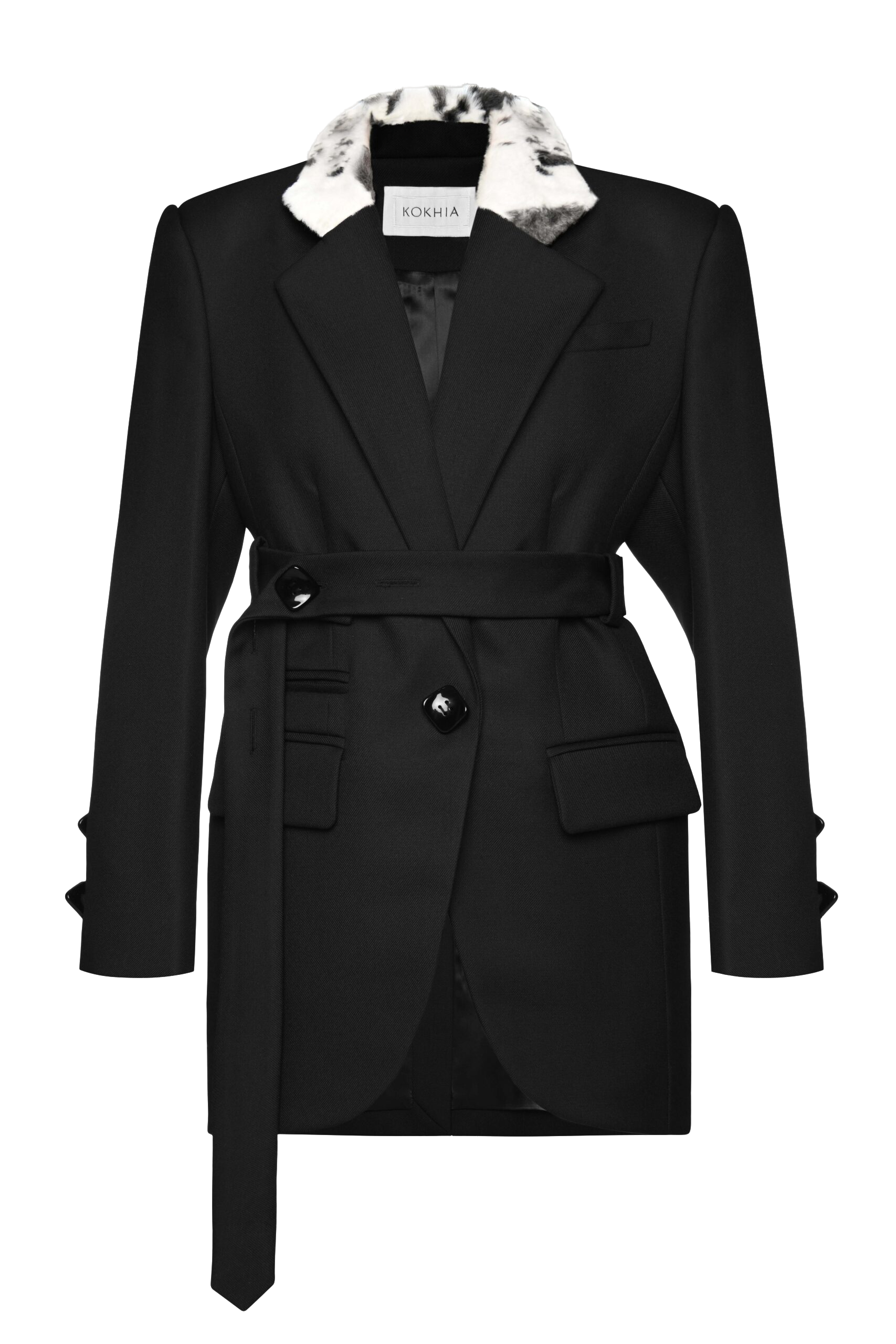 Shop Maria Kokhia Belted Blazer With Faux Fur Collar In Black